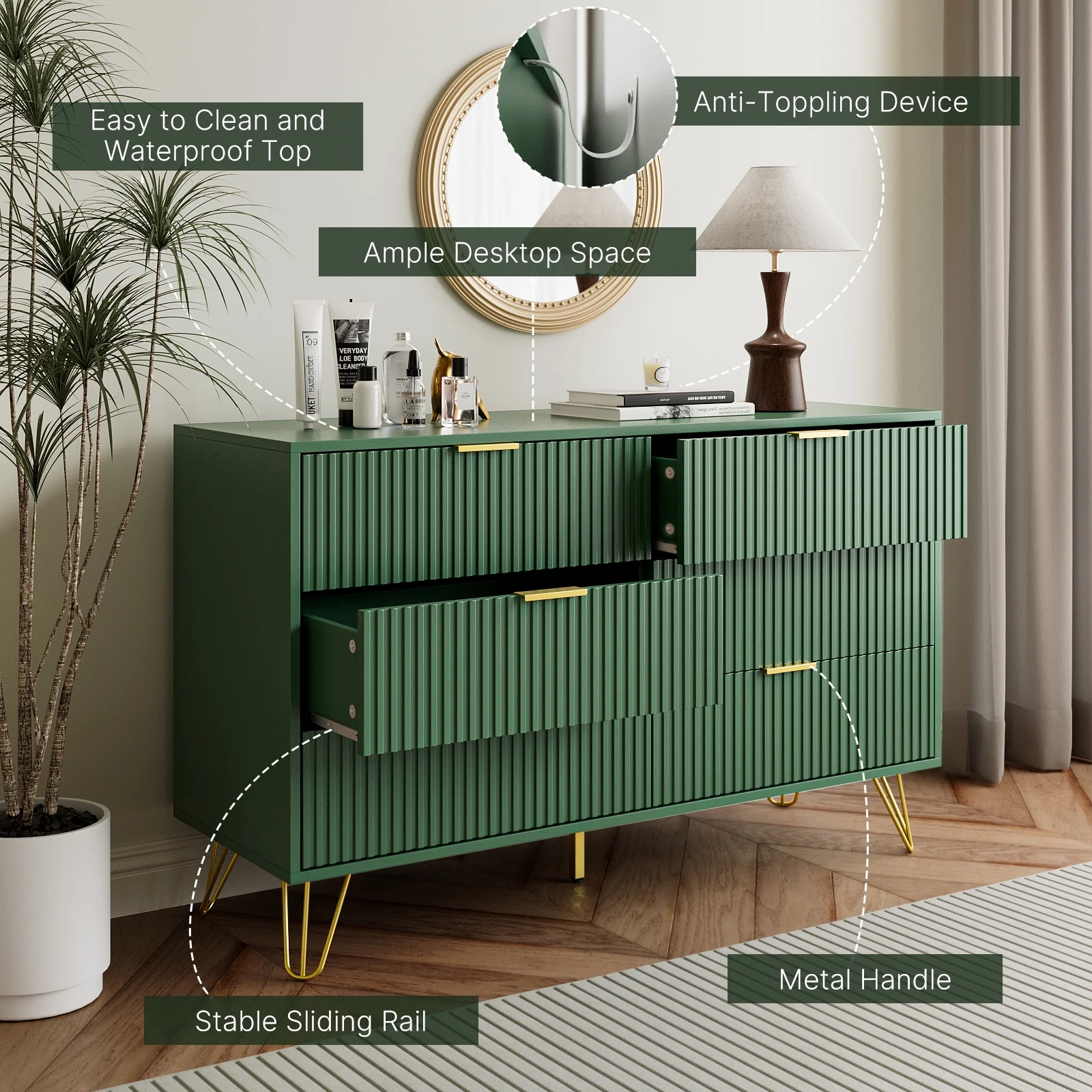 FURNIWAY White 6 Drawer Dresser for Bedroom, Modern Dresser with Gold Metal Handles,Fluted Wood TV Stand for Living Room, Hallway - Image 22
