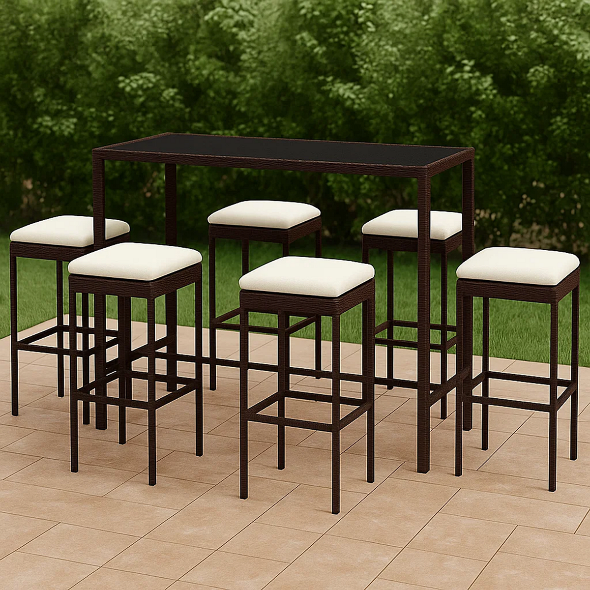 Conjunto de bar para jardín 7 pzas ratán sintético marrón con cojines beige – mesa alta y 6 taburetes
