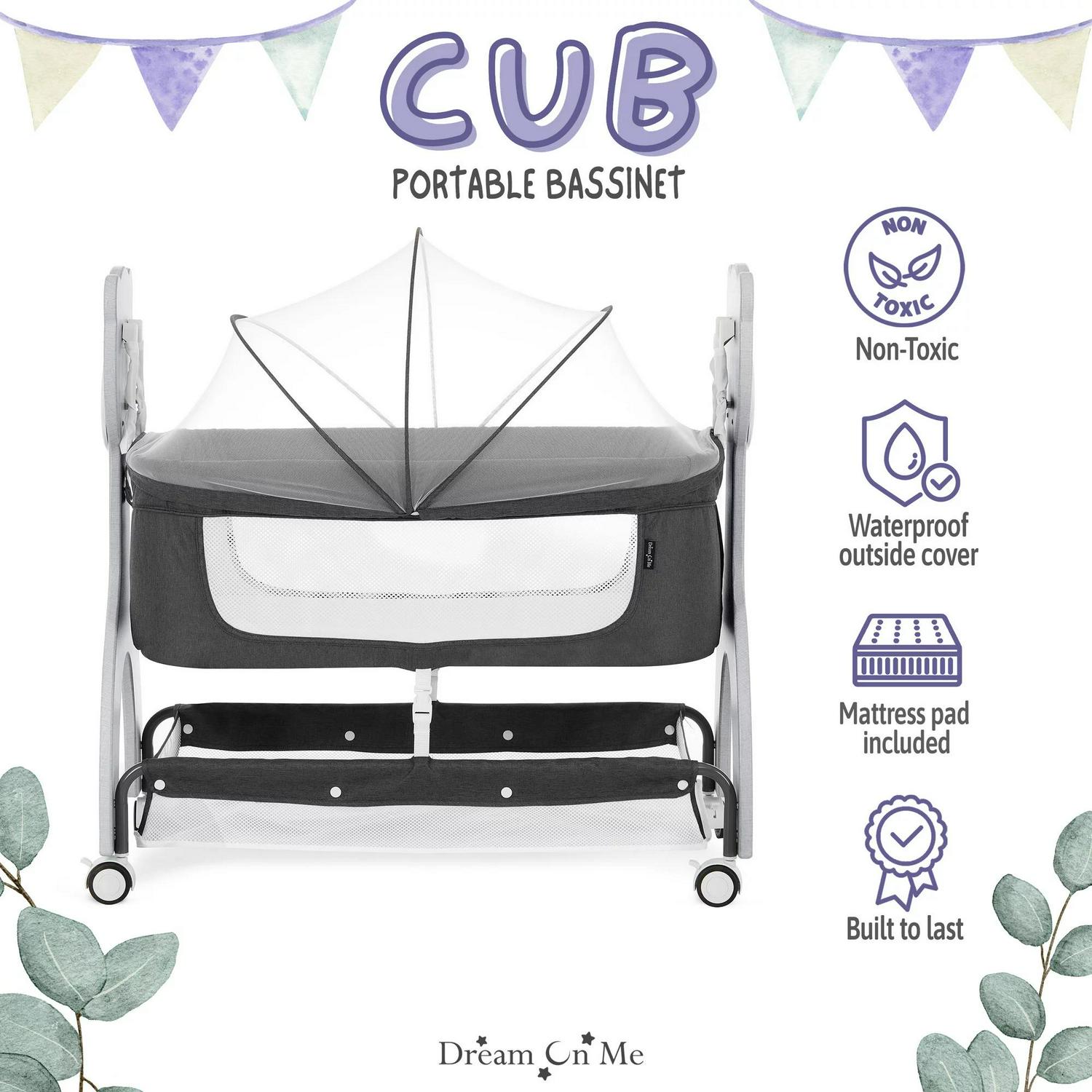 Dream on Me Cub Portable Bassinet in Dark Grey. Multi-Use Baby Bassinet with Locking Wheels - Image 3