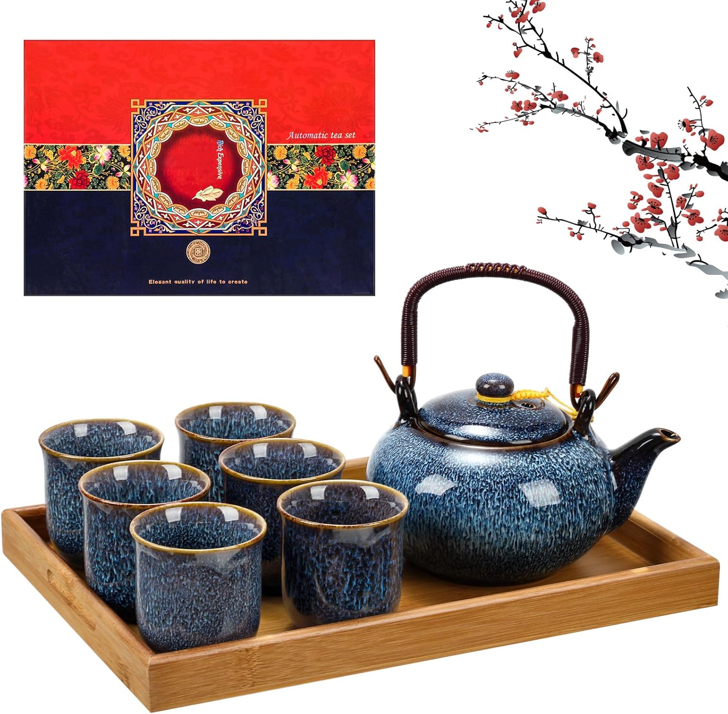 Layhit Japanese Asian Tea Set for Adults with 1 Teapot 6 Cups 1 Tray, 22 oz Traditional Portable Japanese Kiln Altered Glaze Porcelain Tea Set for Women Mother's Day Gifts(Blue)