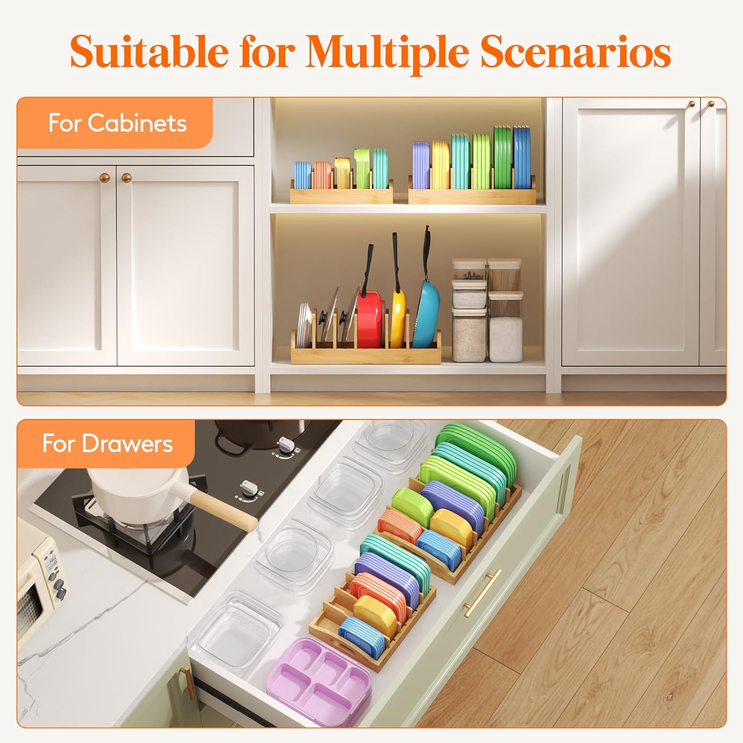Lifewit Bamboo Lid Organizers for Inside Cabinet, Food Storage Container Lid Holder with 4 adjustable Inserts & 5 Sections, Kitchen Pantry organizer and storage, 10.6