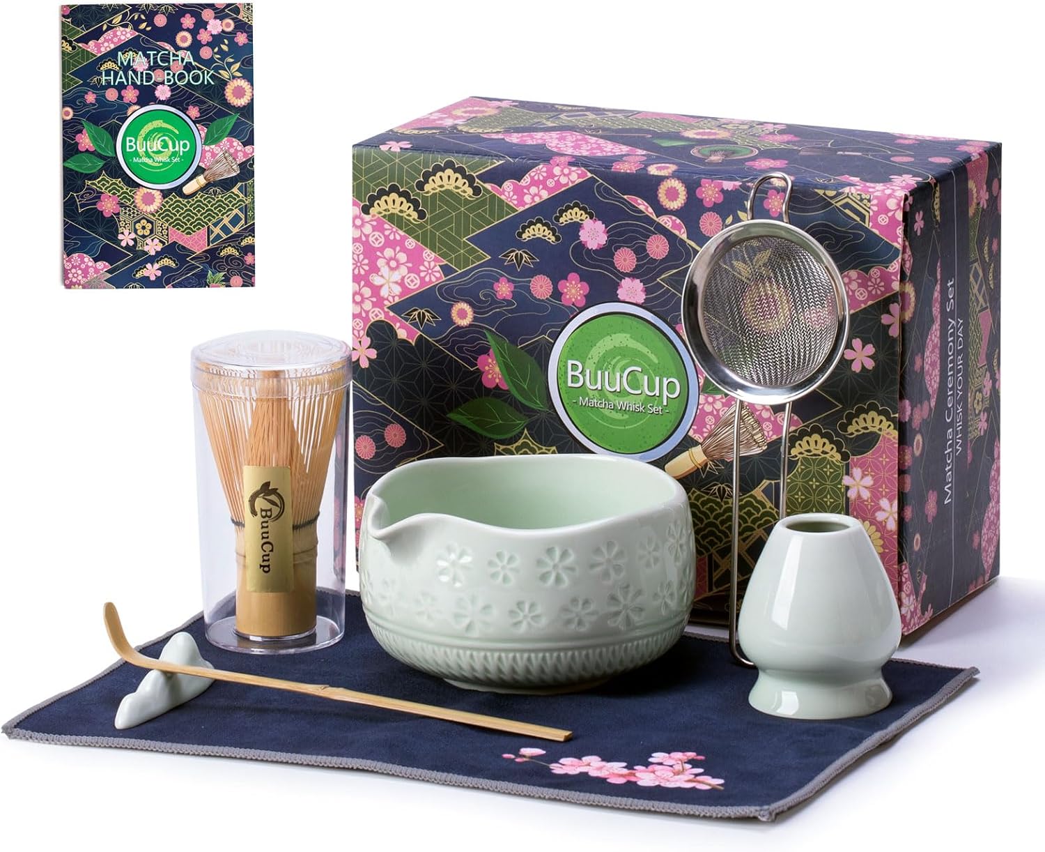 Buucup Matcha Whisk Set, Ceramic Matcha Kit Set Includes Matcha Bowl, Matcha Whisk and Holder, Bamboo Scoop, Scoop Rest, Sifter and Tea Towel - 7 Pcs Matcha Kit for Matcha Lovers (Mottled Green)
