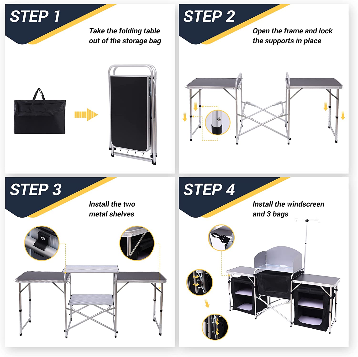 C Camping Kitchen Table, Folding Table, Upgrade Light Stand and Windshield Cooking Station & 3 Organizers, Carry Bag for Outdoor, Beach, BBQ, Picnic, Cooking, Indoor, Office - Image 4