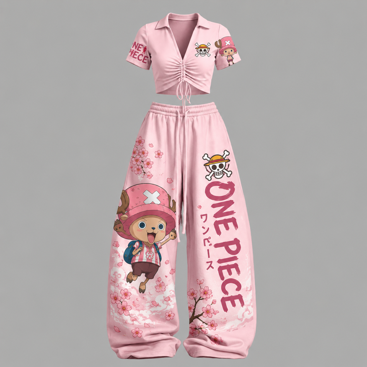 One Piece Drawstring Short Sleeve Top & Long Pants Two-Piece Set