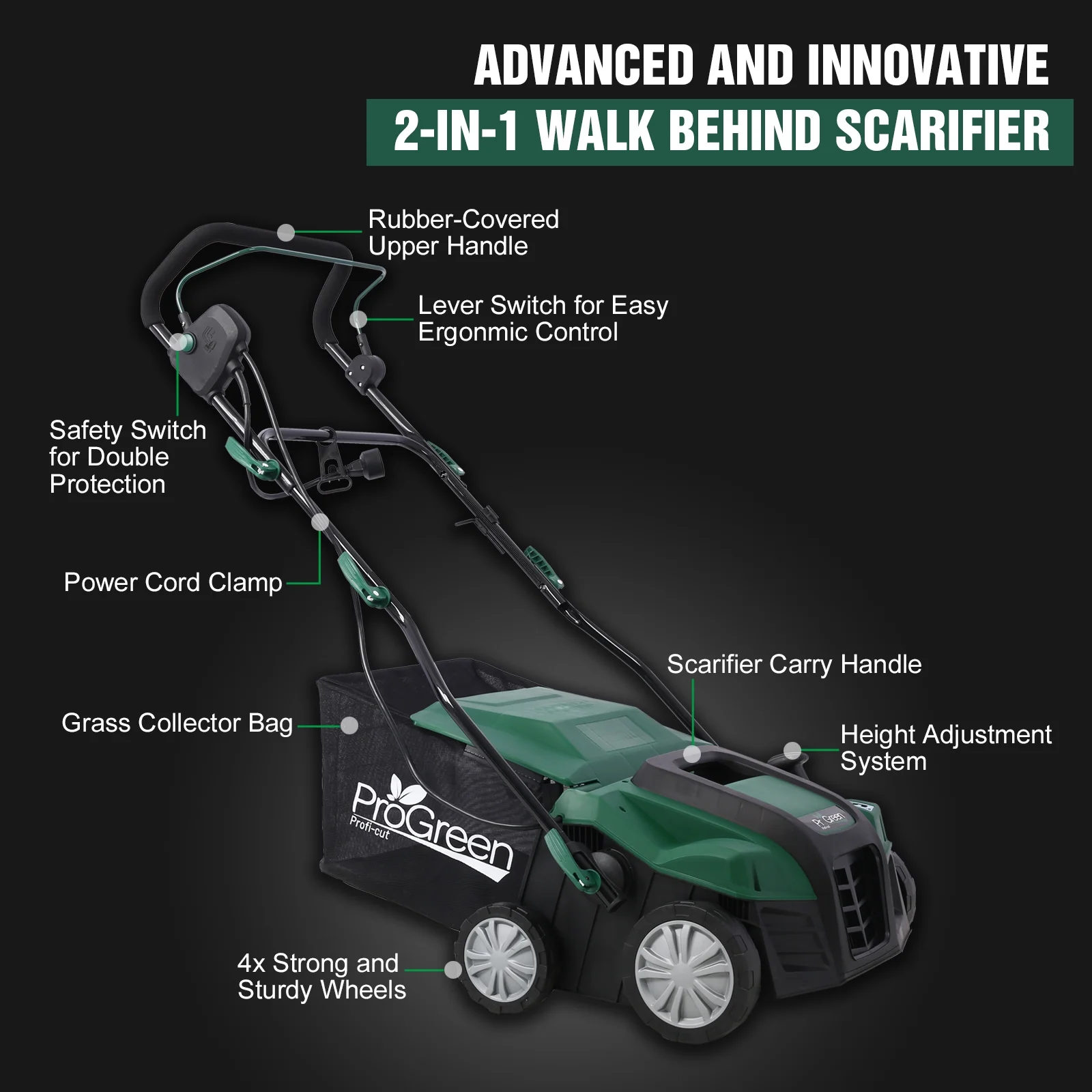 Dethatcher and Scarifier, Seizeen 16-Inch Lawn Dethatcher Scarifier 2-IN-1 Gardening Equipment, Powerful 15 Amp Electric Dethatcher & Scarifier, Height Adjustable, 58QT Removable Thatch Bag - Image 5