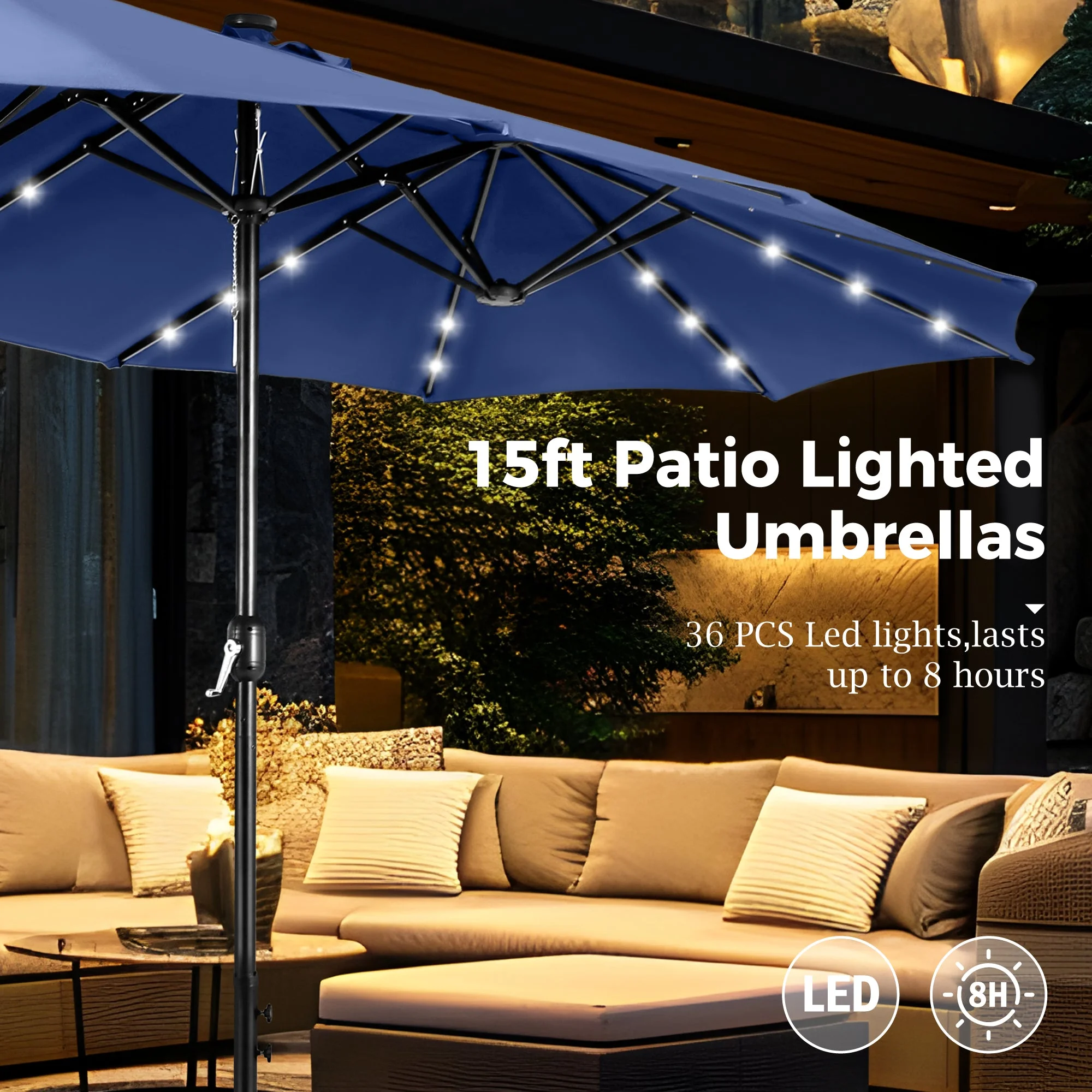 Alpha Joy 15ft Extra Large Outdoor Patio Double-Sided Umbrella with LED Solar Lights & Umbrella Base, Beige - Image 35