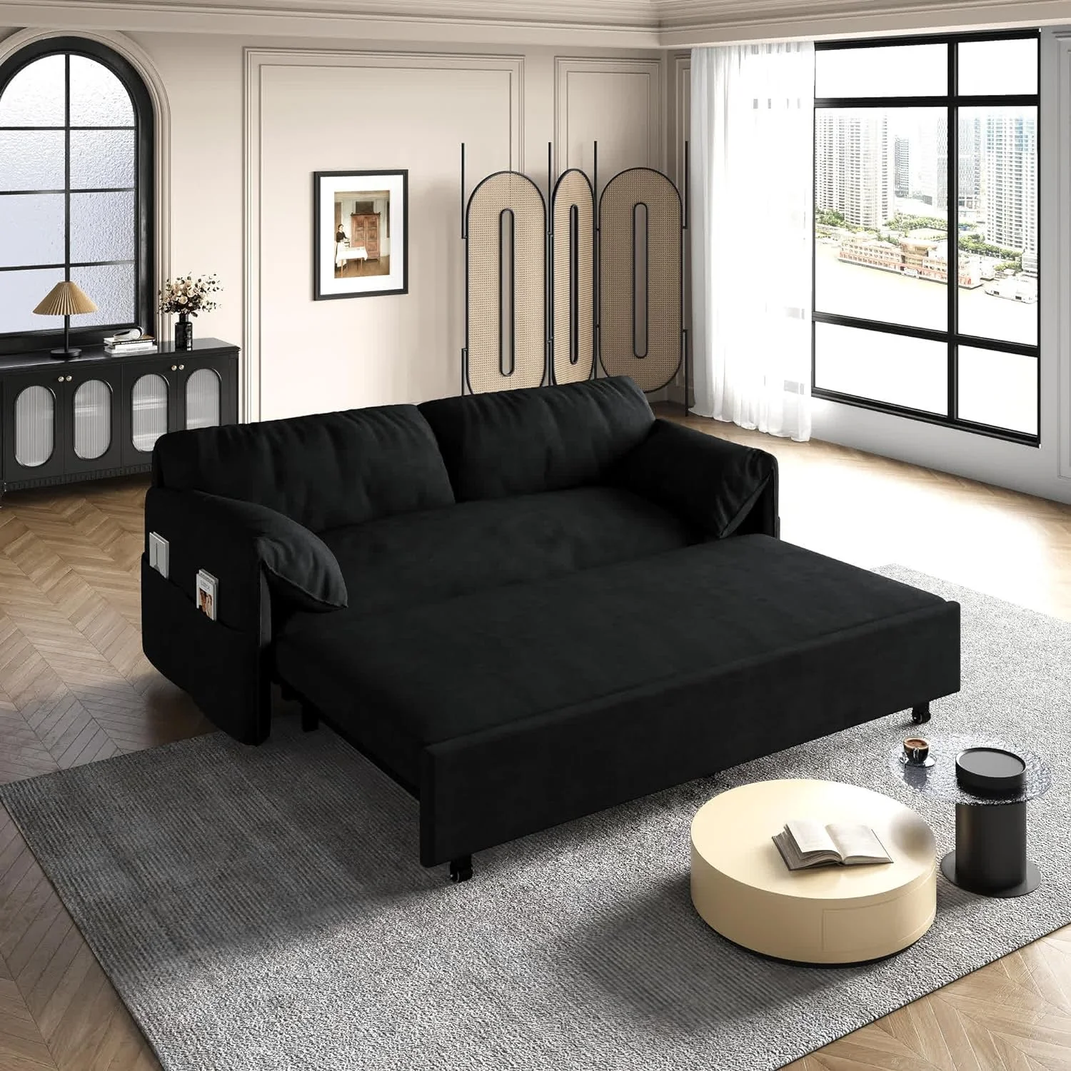 Tabaray 63.8" Futon Sofa Bed Queen Size, Pull Out Bed, 3-in-1 Convertible Sleeper Sofa with Side Pocket, Modern Plush Velvet Futon Couch for Living Room, Small Space, Apartment, Bedroom, Black - Image 3