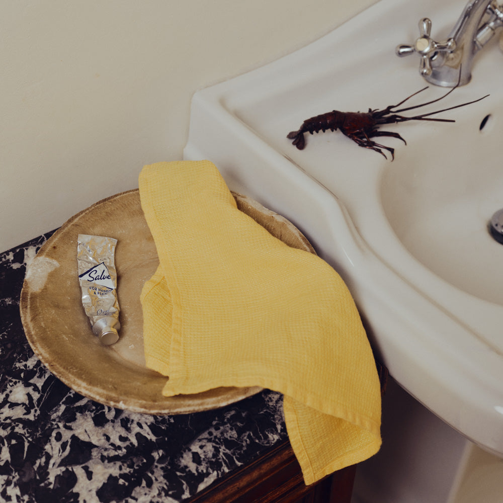 Serviette de bain invité en lin - Nid d'abeille - Jaune Citronnade
