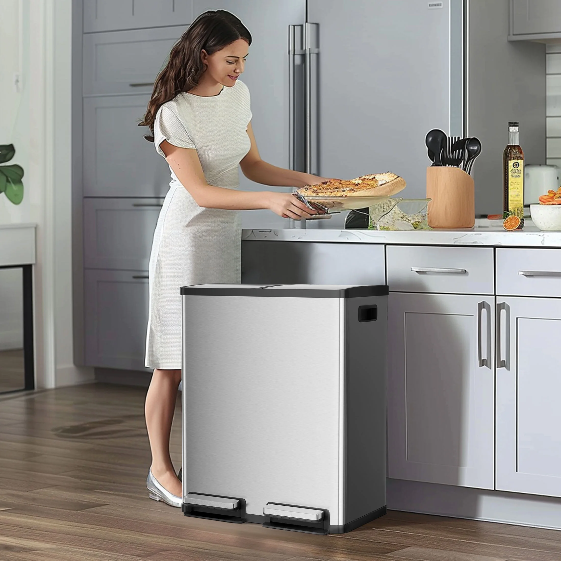 EDX 2 x 8.3 Gallon Dual Garbage Recycle Trash Can with Lid, Inner Buckets for Kitchen, Stainless Steel, Sliver - Image 2
