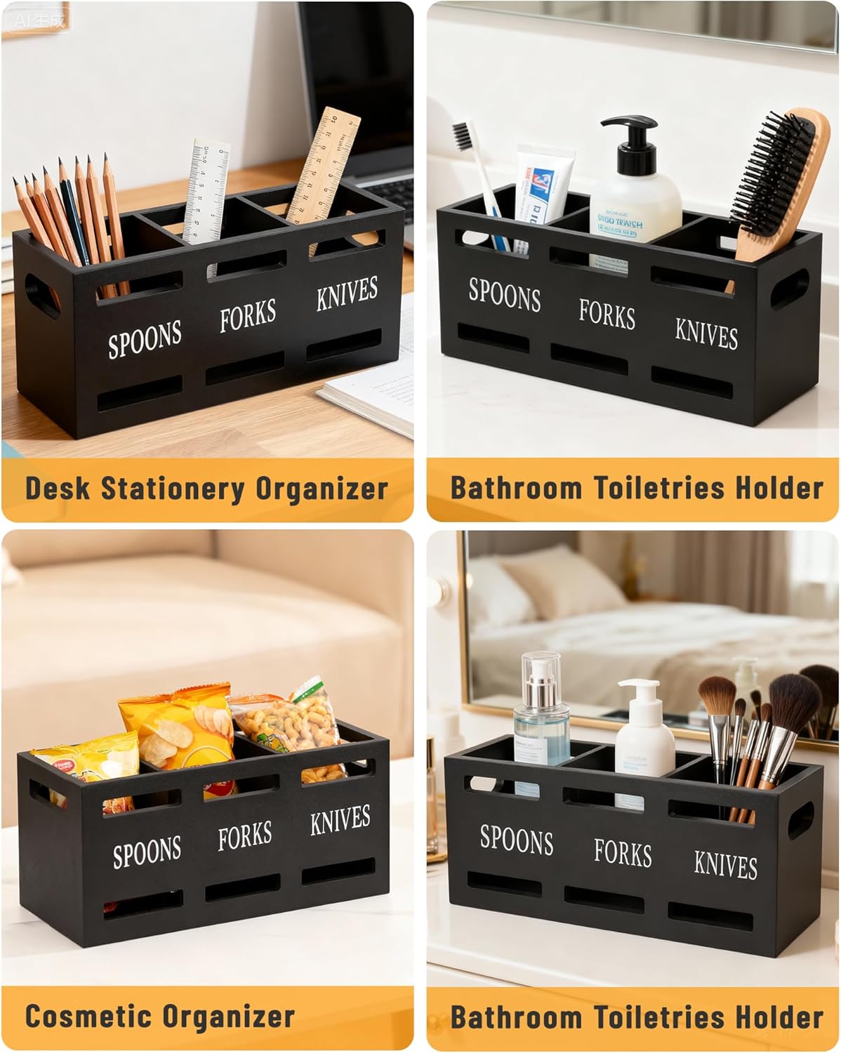 Kitchen Utensils Holder for Counter, Wooden Utensil Organizer for Storage Cooking and Silverware, Black Cooking Utensil Storage Box for Countertop,Wood Organizer with 3 Compartments,Rustic Minimalist.