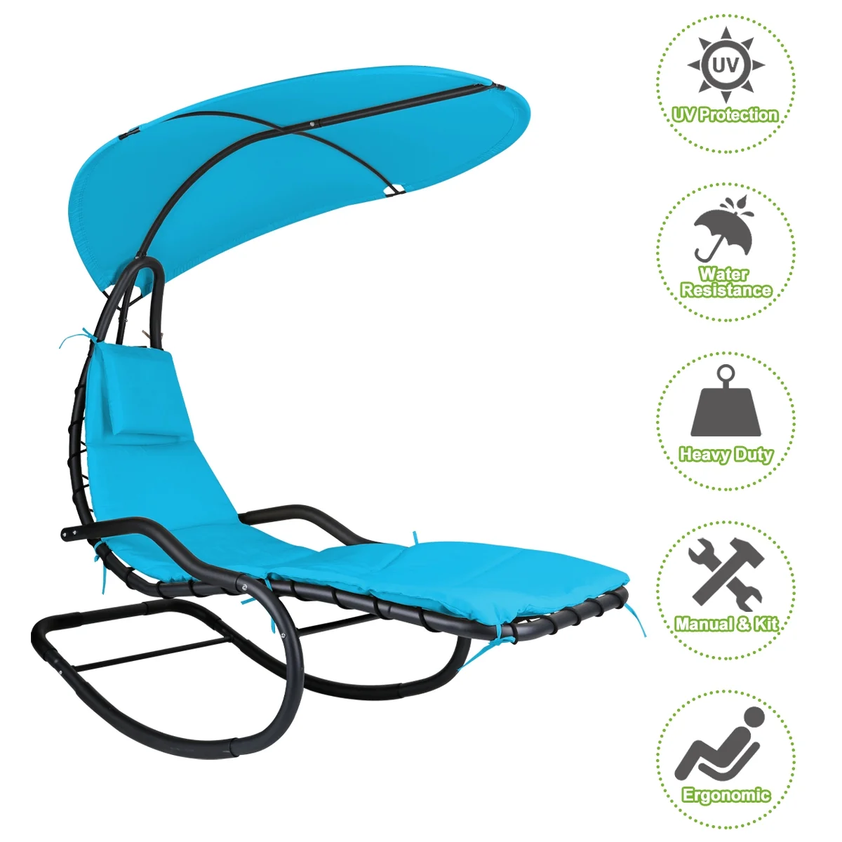 2X Rocking Hanging Lounge Chair - Curved Chaise Rocking Lounge Chair Swing For Backyard Patio w/ Built-in Pillow Removable Canopy with stand {Green} - Image 22