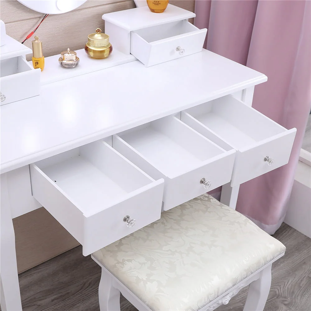 Ktaxon Vanity Table 10 LED Lights, 5 Drawers Makeup Dressing Desk with Cushioned Stool Set,Bedroom Vanities Set White - Image 13