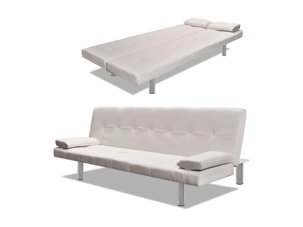 Sofá cama con dos cojines cuero artificial ajustable crema oohs51896