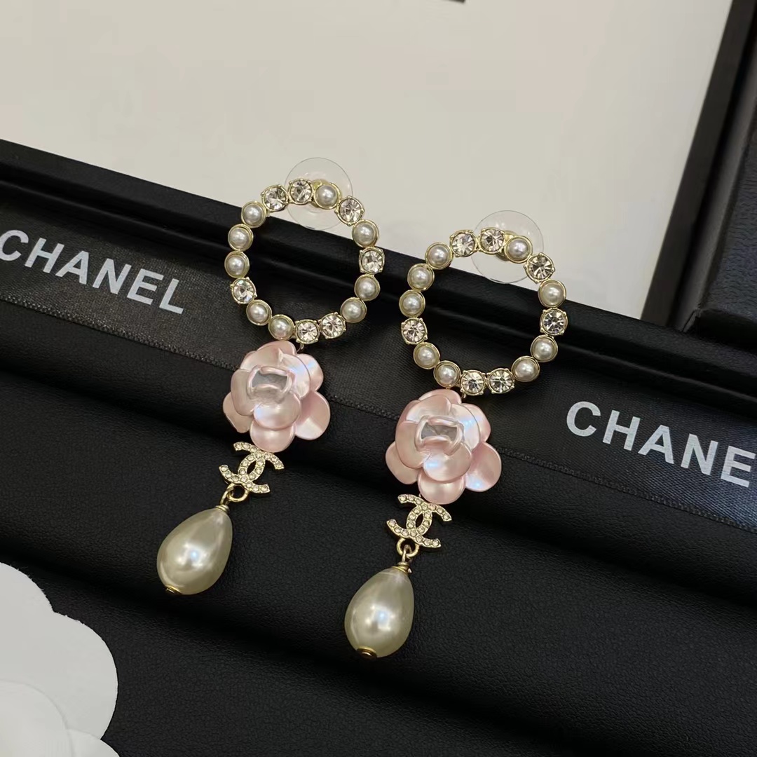 Chanel Pink Camellia Pearl Dangle Earrings - Original Replica Club