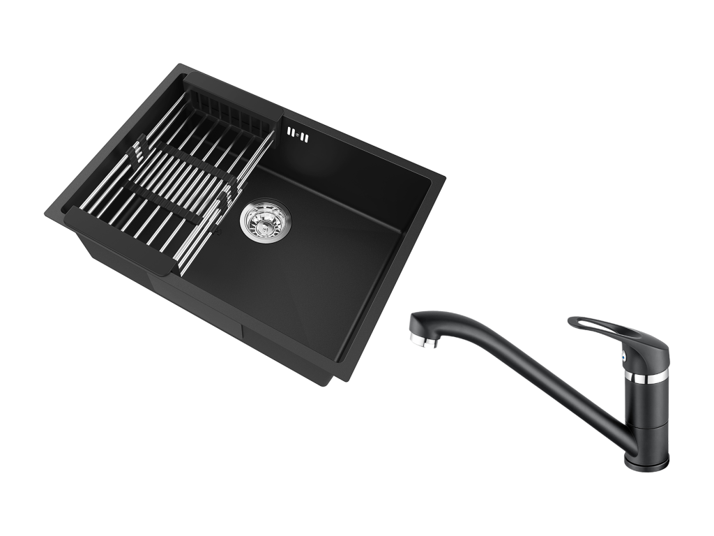 Tucasago Fregadero Cocina 1 Bandeja 60*44*20CM,acero inoxidable,empotrado/subsuelo con cesta drenaje,Negro+Grifo Cocina,Orientable 360°