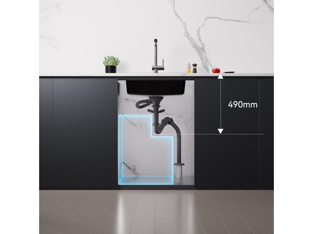 1 Bandeja Fregadero Cocina de Granito,55*45*20cm,Kit de Vaciado,Negro+Grifo Cocina Rotativo 360°Agua FrOide Caliente Negro con puntos blancos