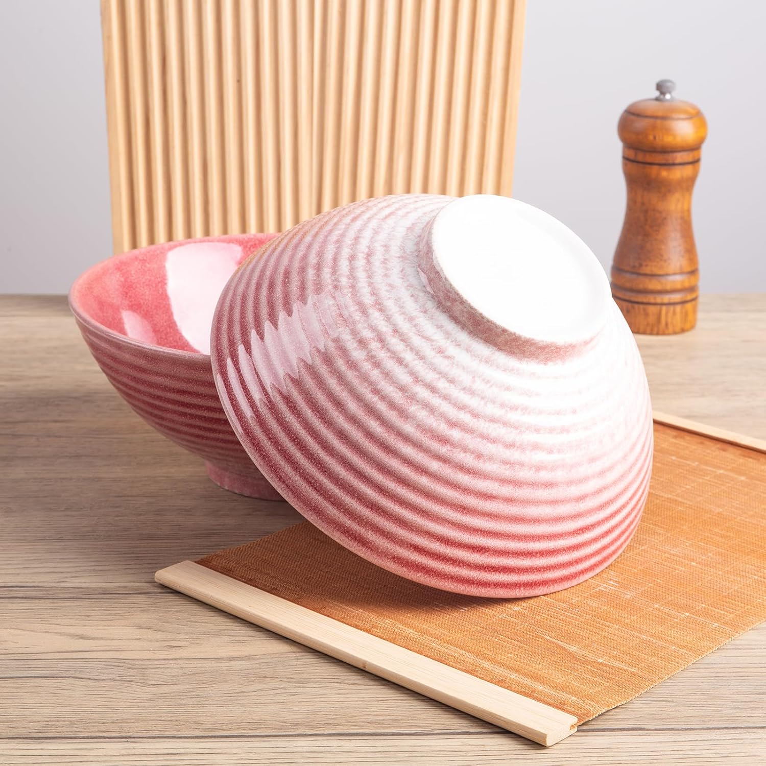 40oz Japanese Ceramic Ramen Bowl Set of 2 with Chopsticks and Spoons for Pho Udon Asian Soup Noodles (Pink)