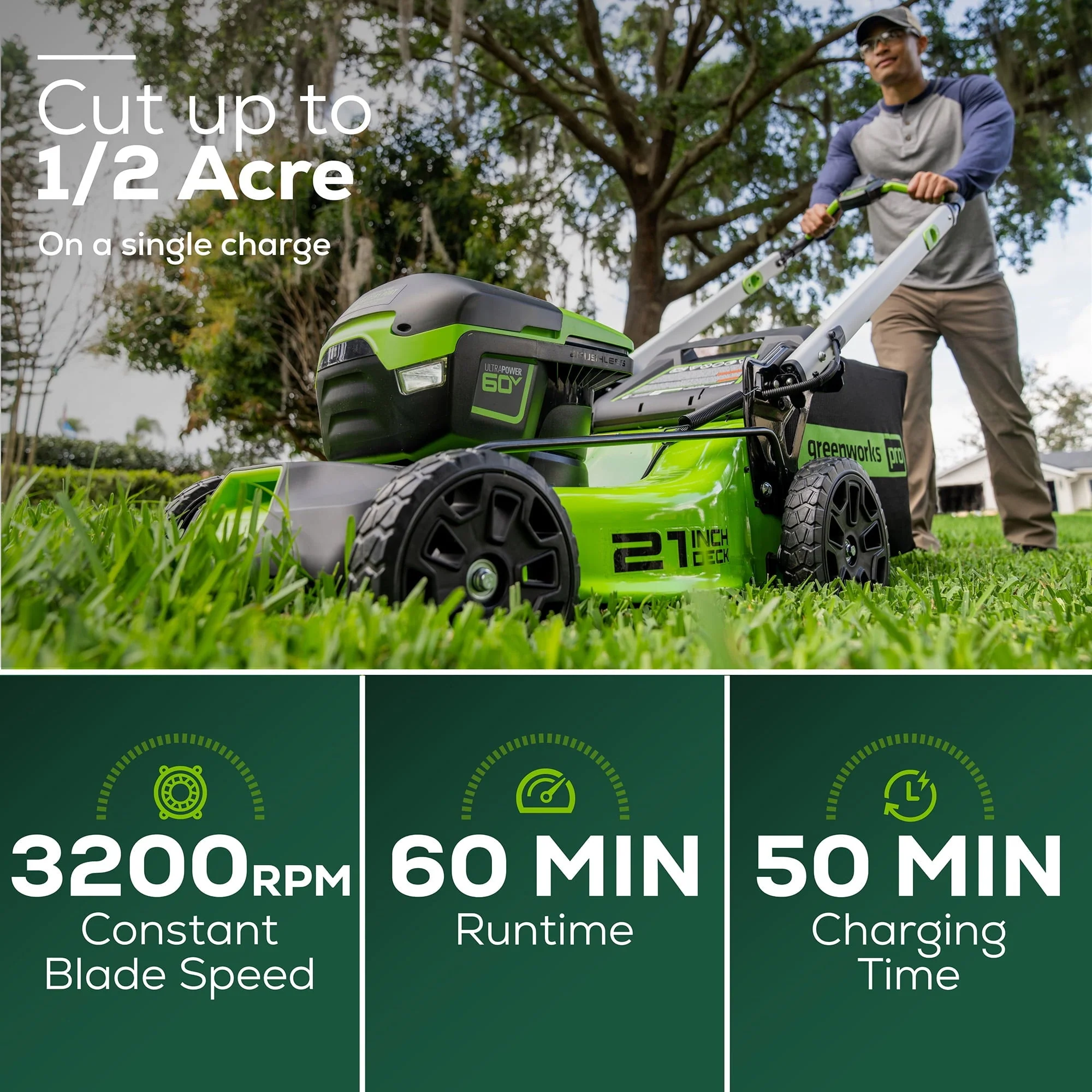Greenworks 60V 21" Cordless Brushless Lawn Mower with 5.0Ah Battery & Charger - Image 2