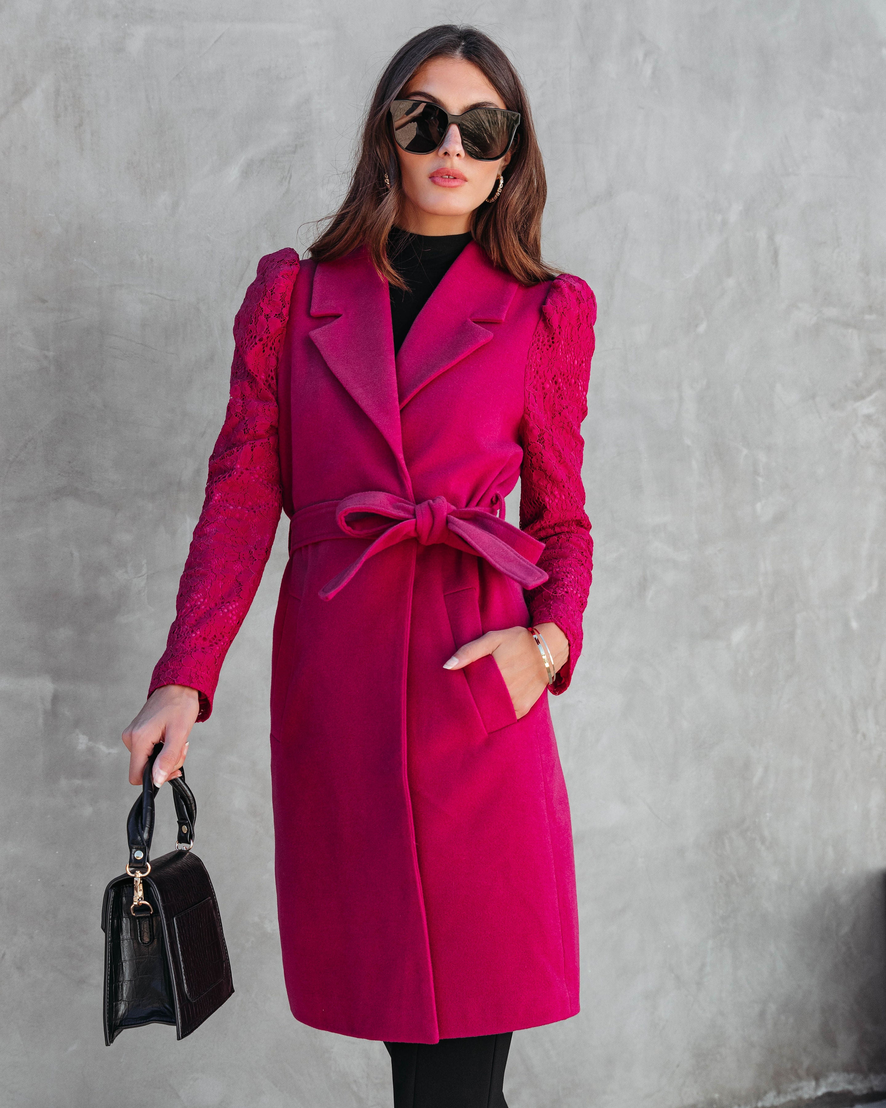 Eileen Pocketed Lace Sleeve Coat - Berry - Se7enfashion