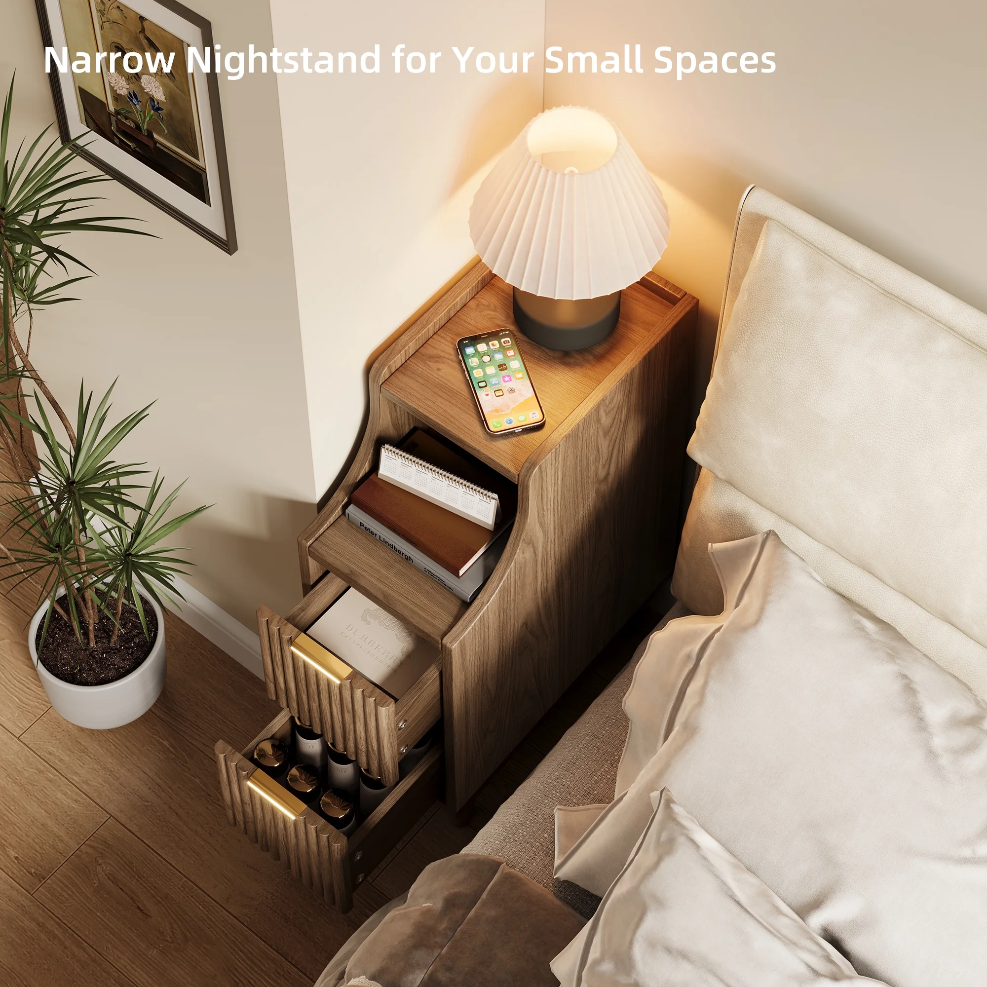 UGTOO 24.4"Tall Walnut Finish 2PC Bedside Table Set with 2 Large Drawers & Top Storage Space Open Shelf, Sturdy Wood Legs, Vintage Cabinet Nightstand for Bedroom with Metal Handle - Image 2