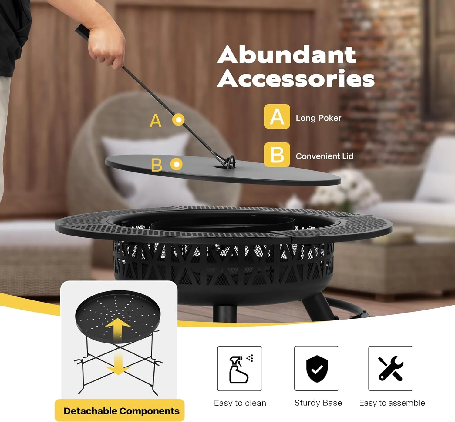 SPECSTAR 3-in-1 Fire Pit-35 in Wood Burning Firepits with Cooking Grill Grate & Charcoal Pan & Cover Lid, Metal Table for Backyard Bonfire BBQ Outdoor Camping Picnic - Image 7