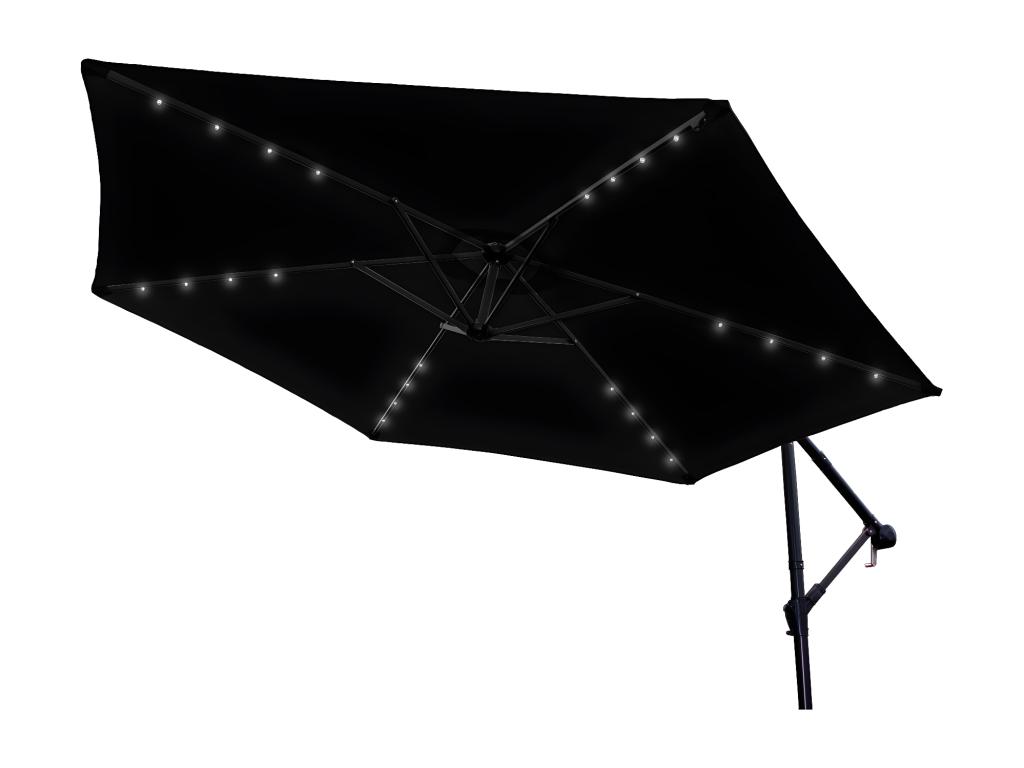 Sombrilla Voladiza de 3m con Luces LED Blancas Frías Terraza Jardín Playa Exterior Parasol Toldo Paraguas Quitasol Dosel Pérgola Palio Alero Colgante Protección Solar y Contra UV Rotación 360°– Negro