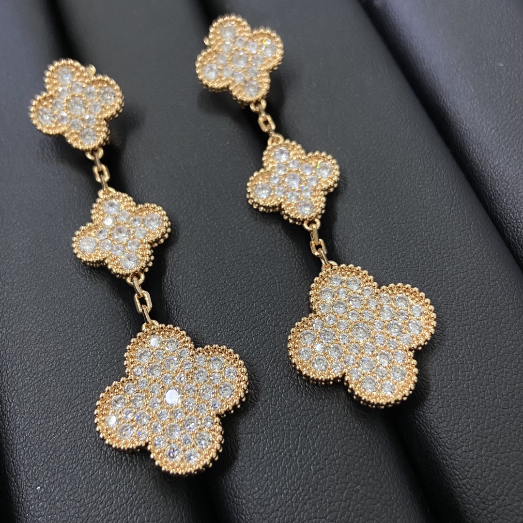 VCA Paved Full Diamond Long Clover Earrings - Original Replica Club