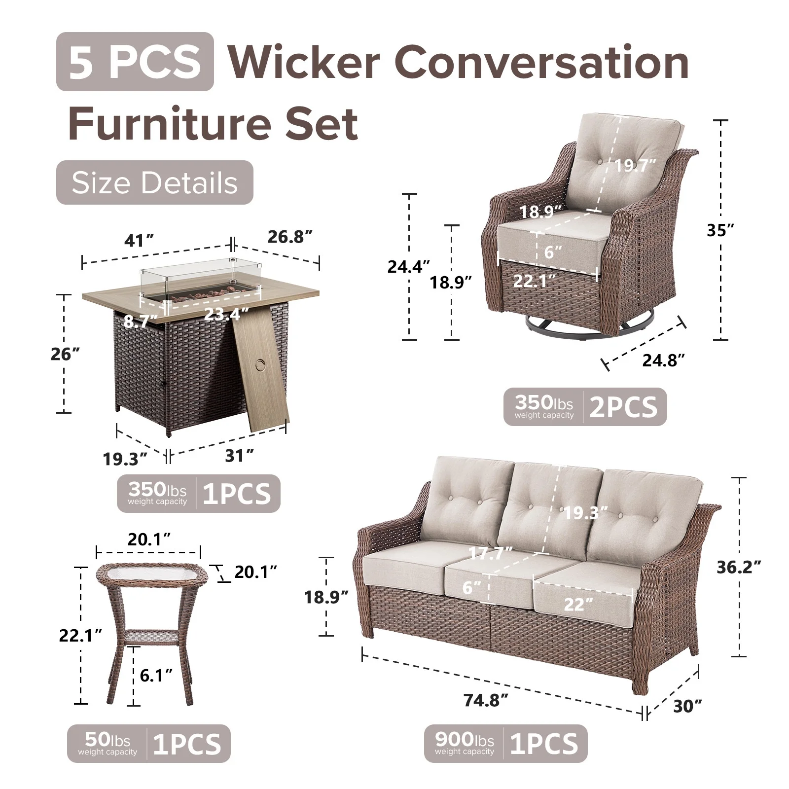 Bellefurn Outdoor Patio Furniture Set with Fire Pit and Swivel Rocker Chair,High-Back Wicker Outdoor Conversation Sets with 3 Seater Couch and Side Table Set for Porch,Deck,Garden - Image 6