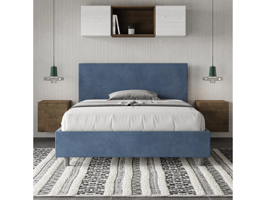 Cama doble acolchada con somier 140x190 cm en microfibra azul Nidovia. sfo3602101