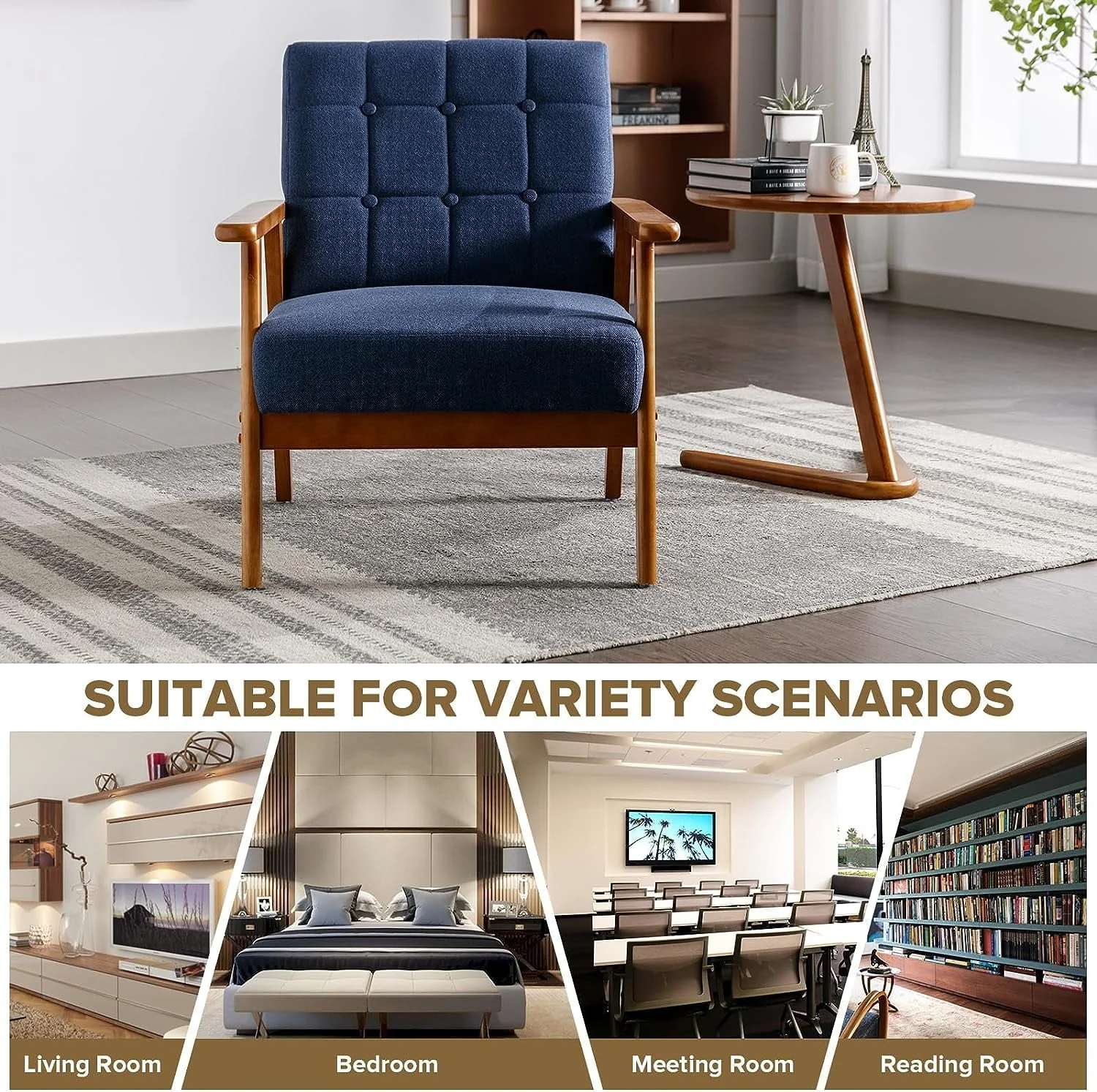 Ufurpie Mid Century Modern Armchair with Wood Frame,Linen Fabric Comfy Reading Chair,Accent Chair for Living Room Bedroom,Navy - Image 18