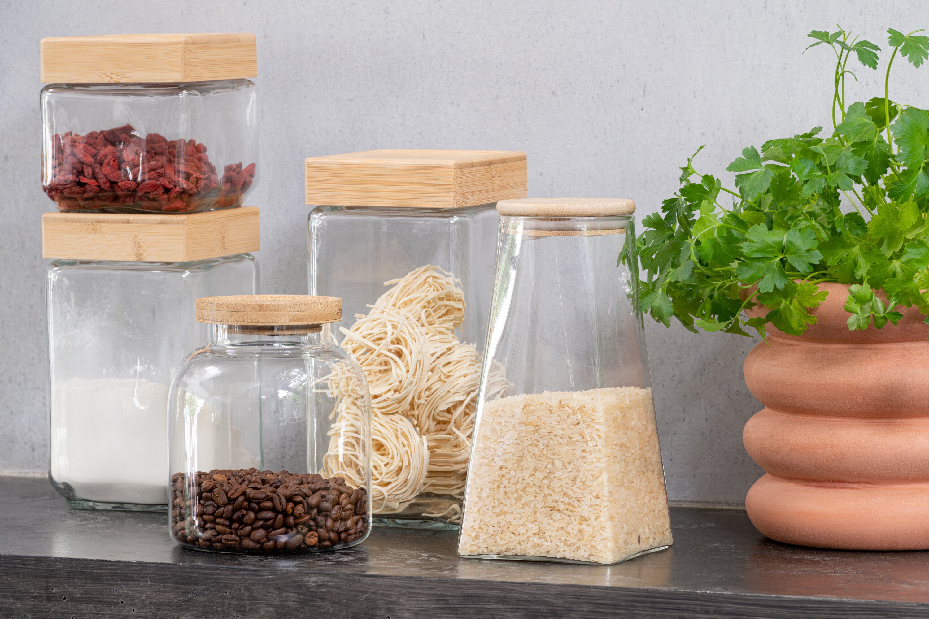 J-Line voorraadpot Brad - glas bamboe - transparant naturel