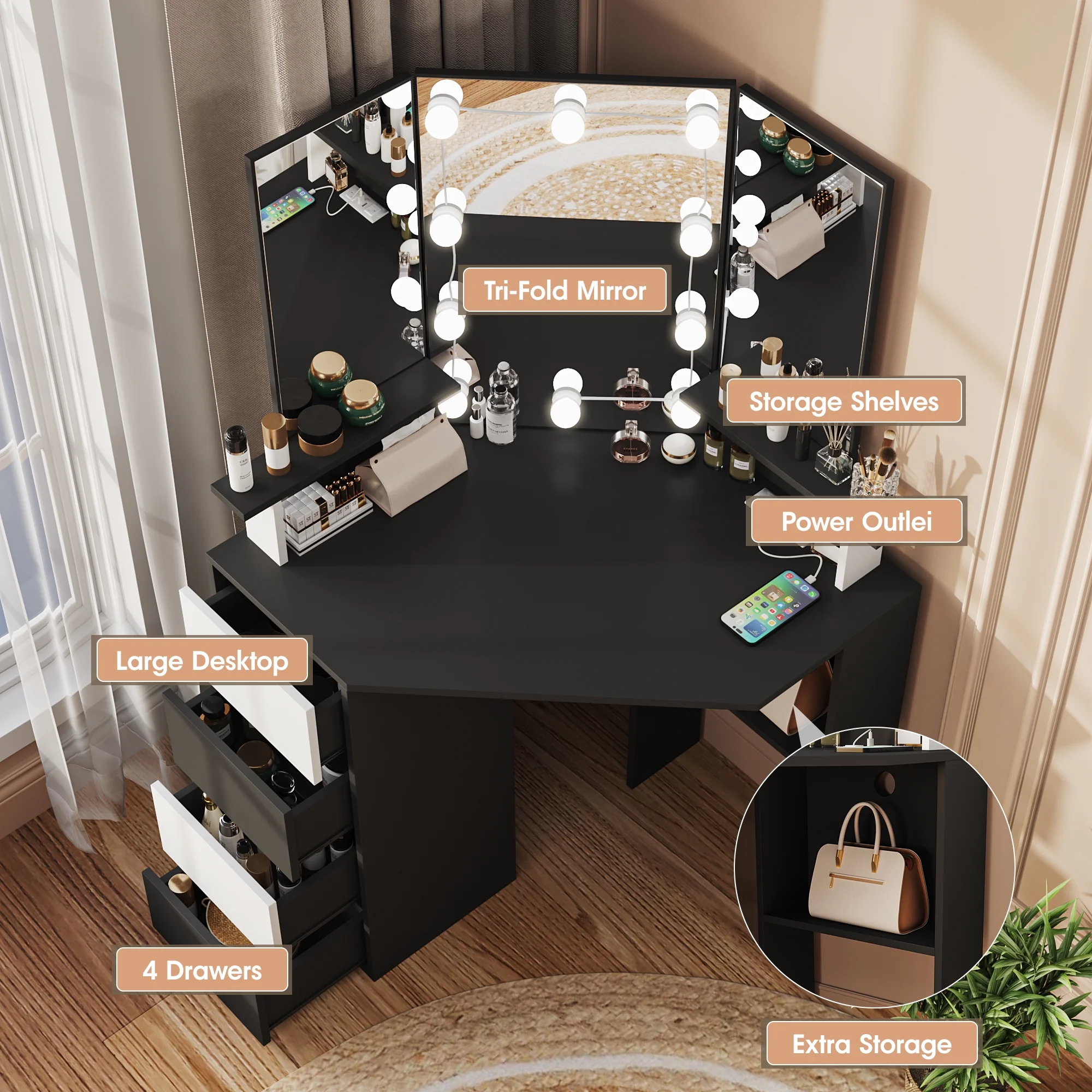 Veanerwood White Corner Vanity Desk with Mirror and Light,Makeup Table with 4 Drawers and Charging Station for Bedroom - Image 18