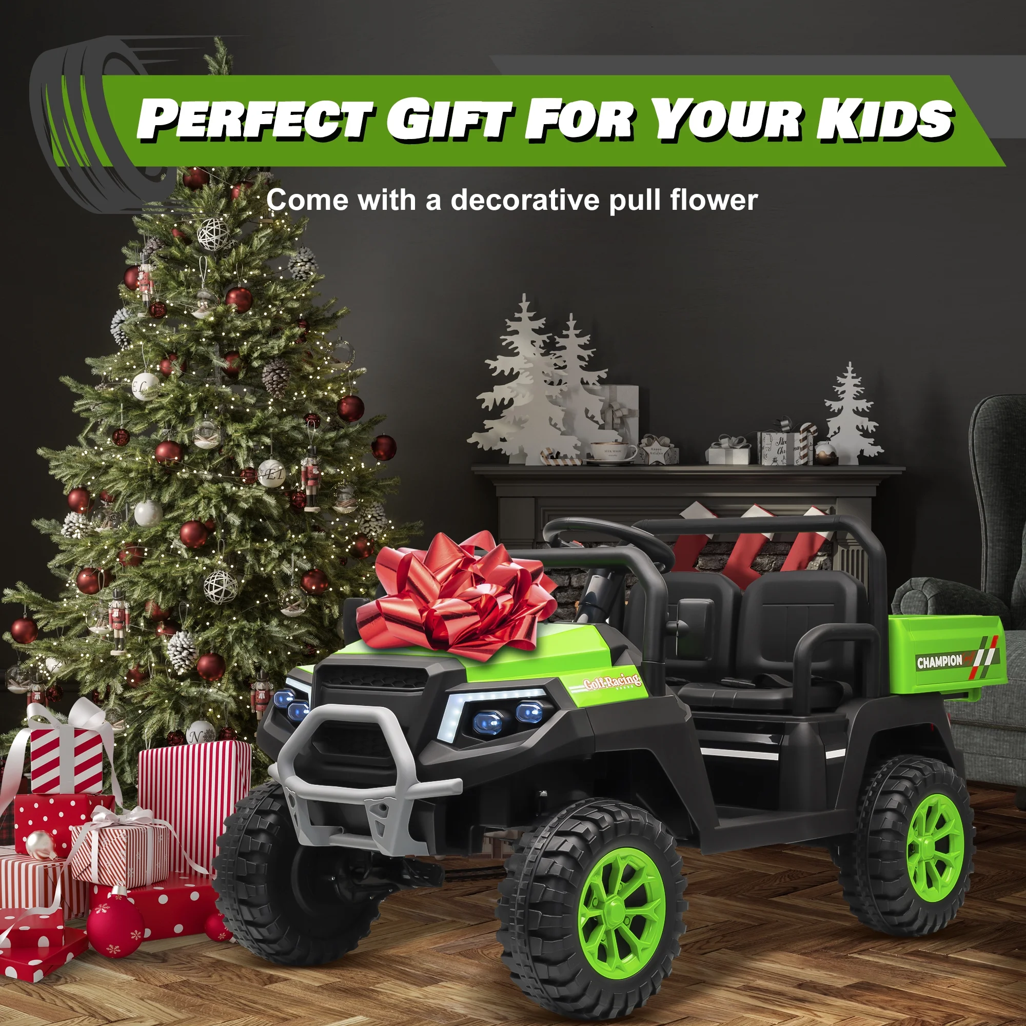 Joyracer 4WD 24 Volt Ride on Toys UTV with 2 Seater & Remote Control, Kids Electric Golf Cart w/ 4x200W Power Motors, Tiltable Trailer & Shovel, 4 Wheels Spring Suspension, Bluetooth USB Music, Black - Image 17