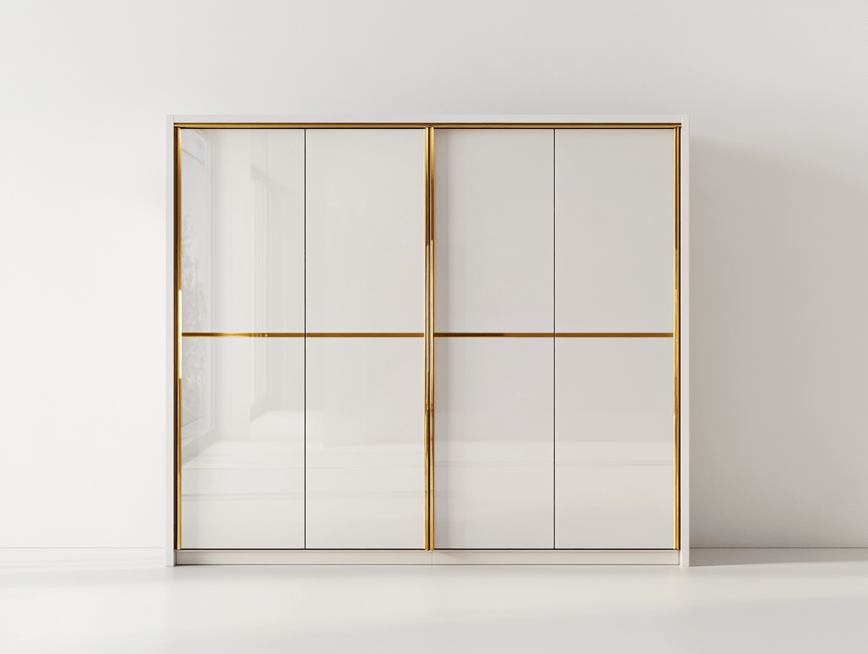 Armario moderno con puertas correderas vidrio templado blanco y detalles dorados 200x65x220cm para dormitorio