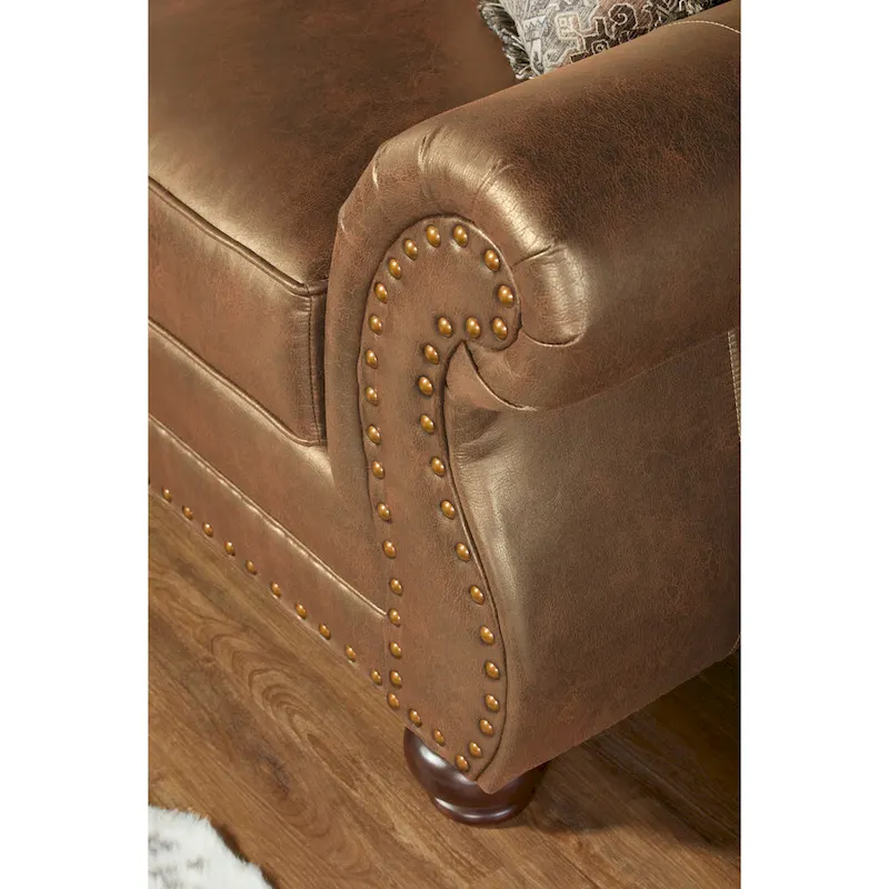 Roundhill Furniture Leinster Brown Fabric Sofa and Loveseat with Nailhead Trim