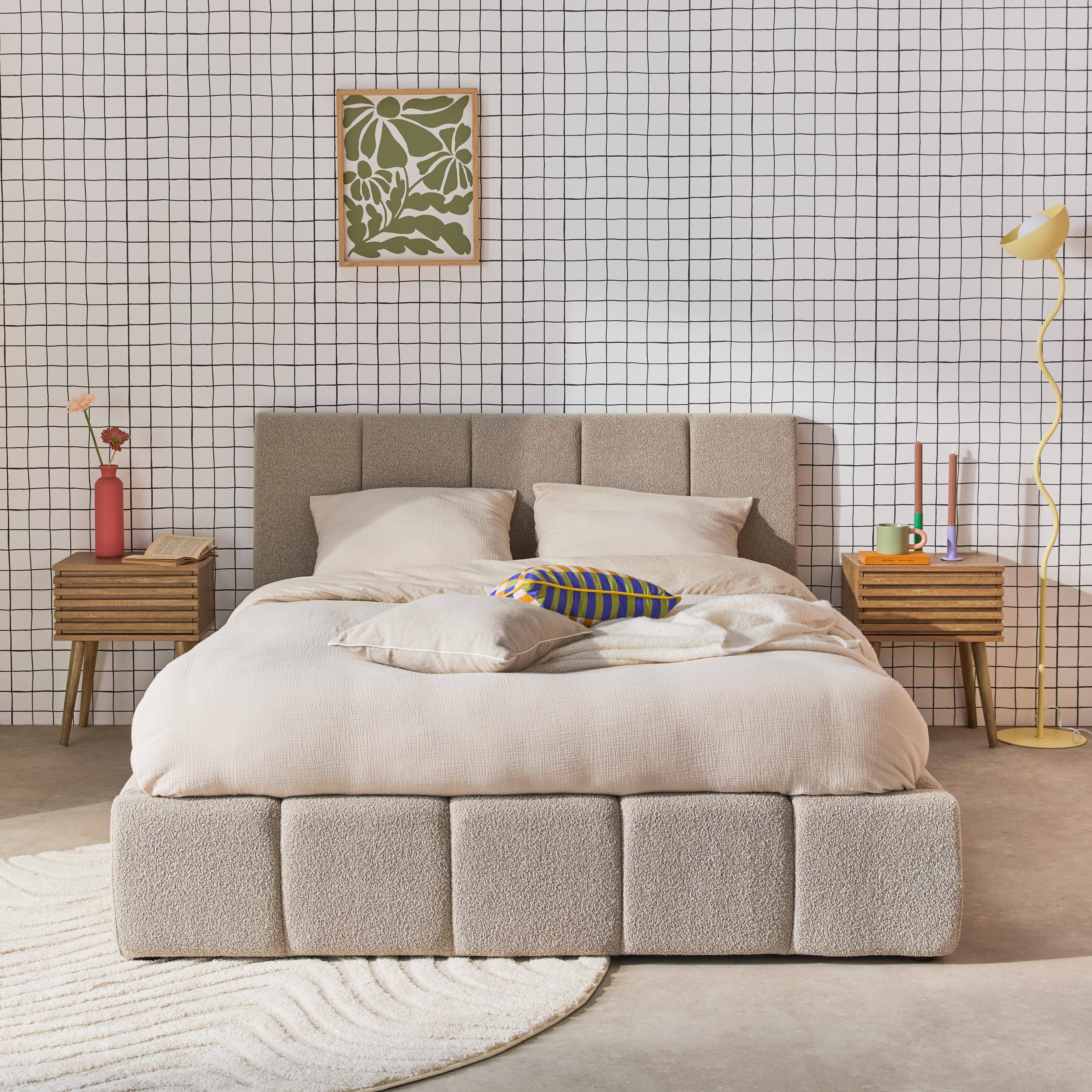 Lex - Cama baúl con somier a láminas y cabecero 140cm, acabado en borreguito