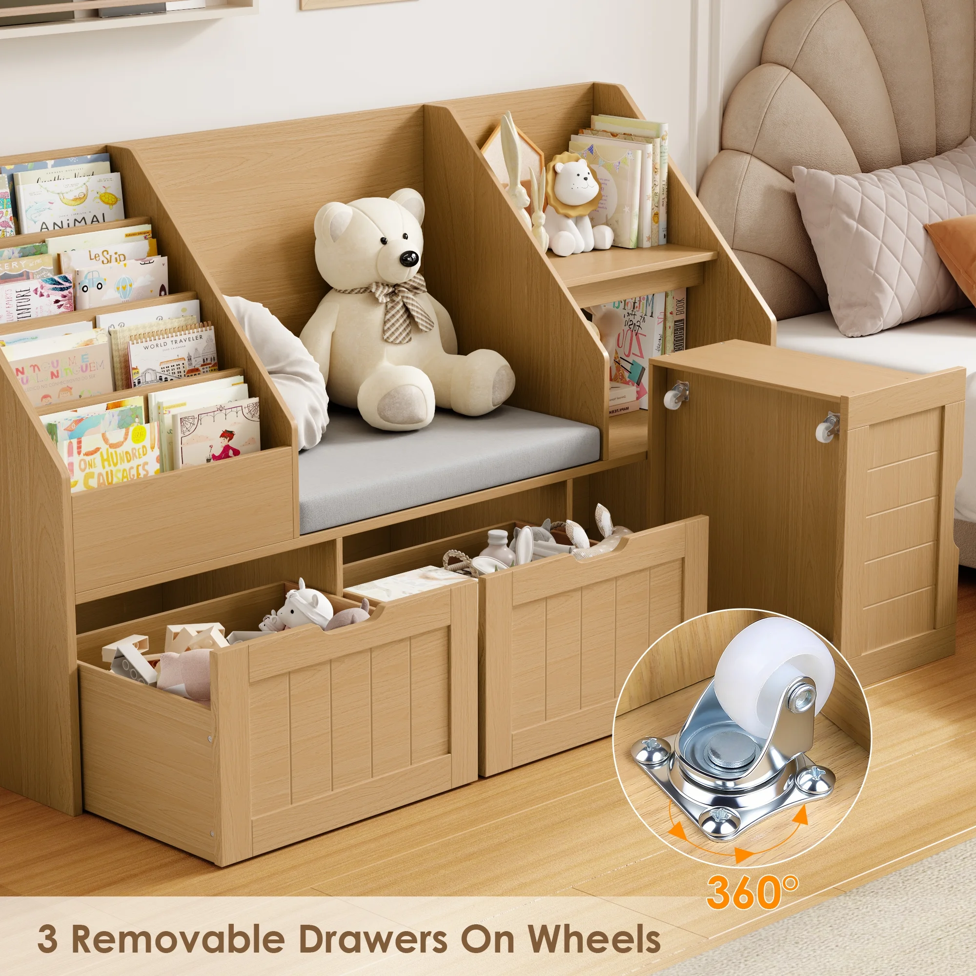 Homfa Kids Bookshelf with Reading Nook & 3 Movable Drawers, 2 Cube Bookcase with 4-Tier Book Racks, Toy Storage Organizer for Playroom Bedroom, White - Image 17