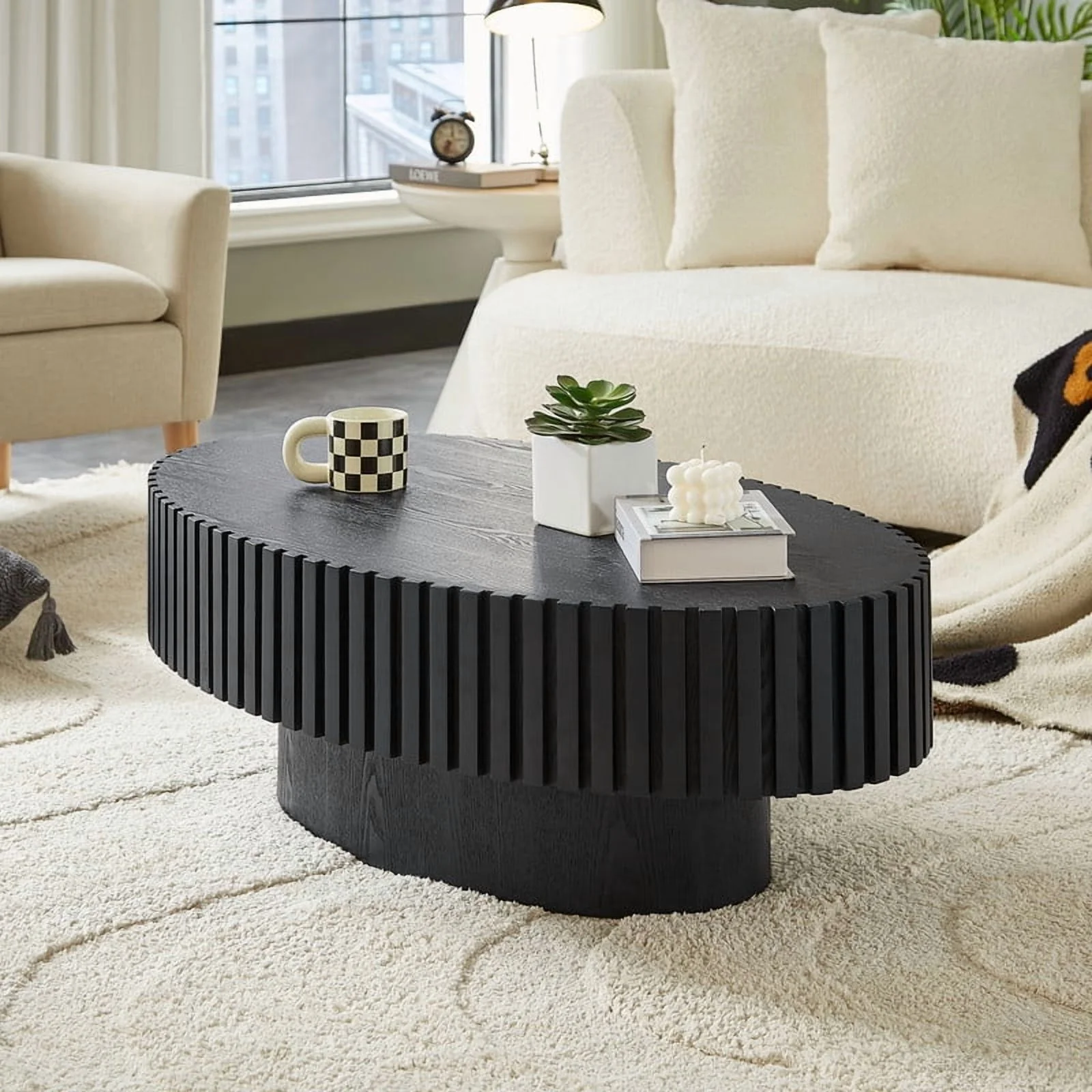 FFH 43.7 inch Oval Coffee Table for Living Room,Handcraft Rustic Corner Coffee Table Nature Wood Relief Sturdy Pedestal for Apartmen,Side Table Centre Table,Nature Wood - Image 75