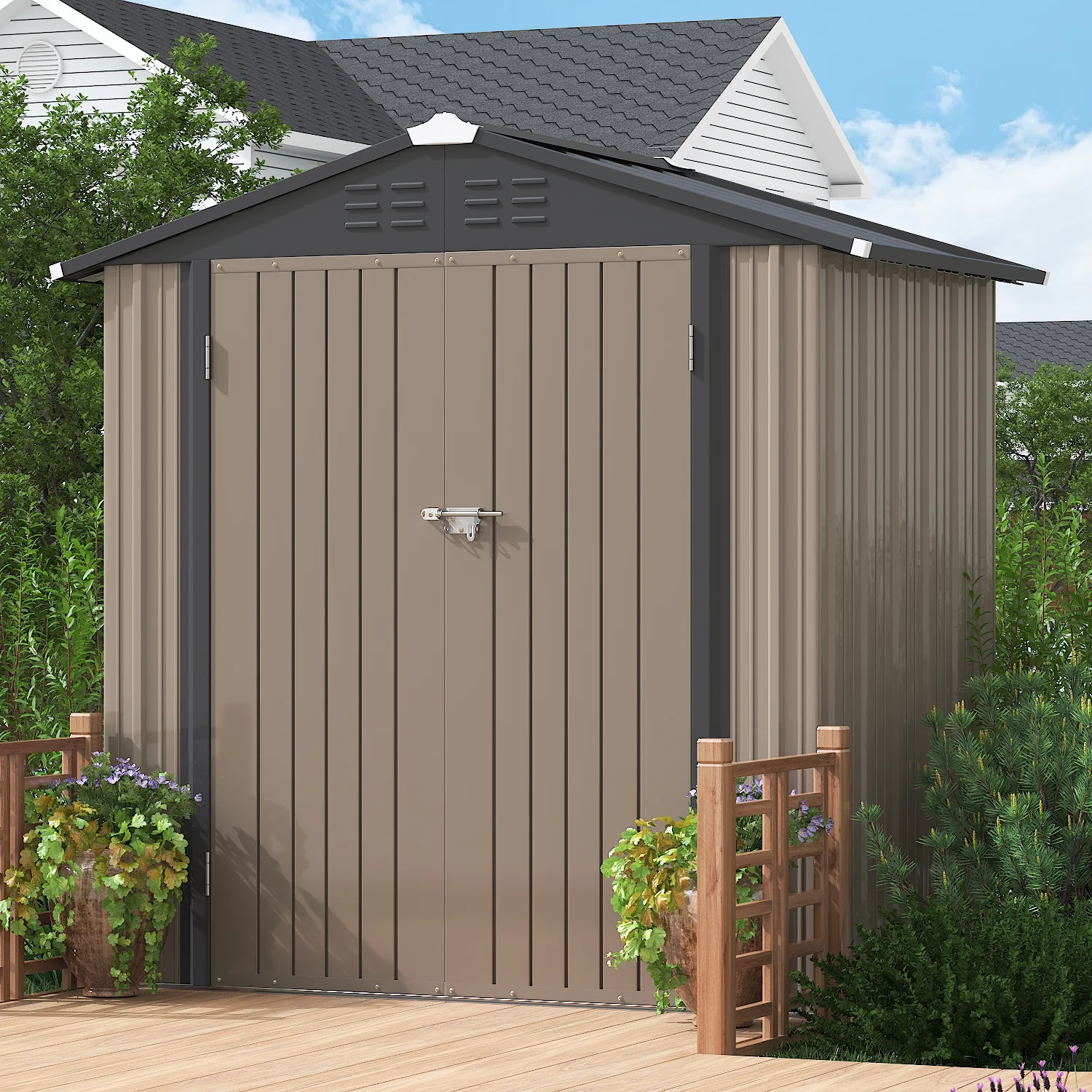 LACOO 4' x 6' Outdoor Storage Metal Shed for Tool Storage, Outdoor House for Backyard & Garden,Brown - Image 7