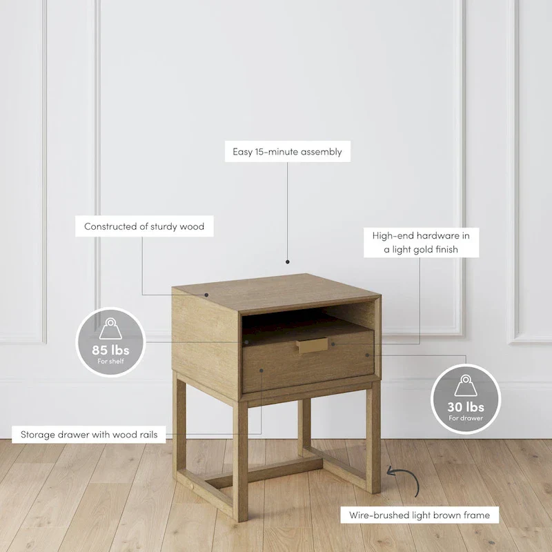 Nathan James Luke Wooden End Table with Storage Drawer and Open Cubby