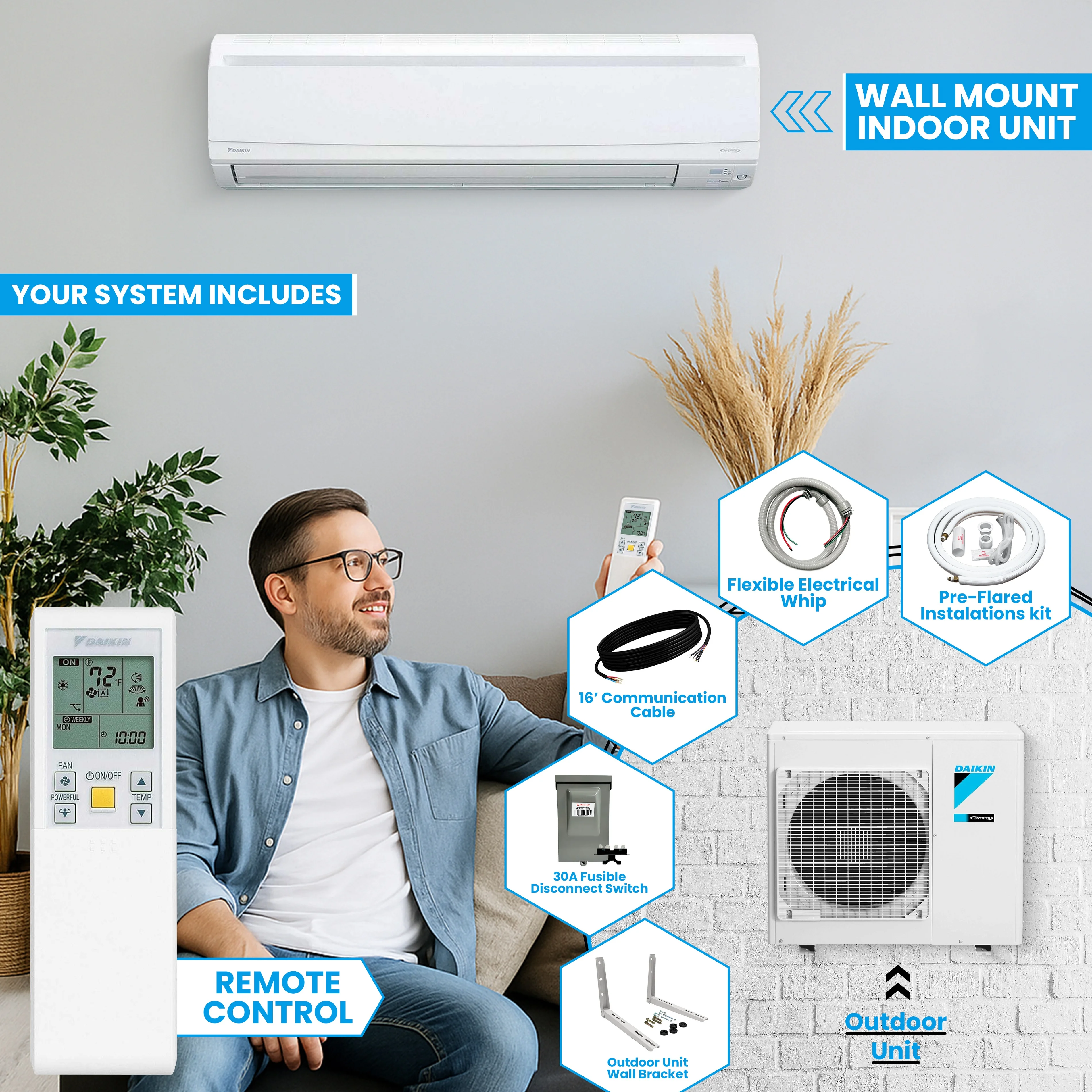 Daikin 15,000 Btu 20 SEER2 LV Series Ductless Mini-Split Wall Mount Heat Pump Air Conditioner with 15' Installation Kit, Wall Bracket, 1/2 Electric Whip, 30A Fuse -230V - Image 7