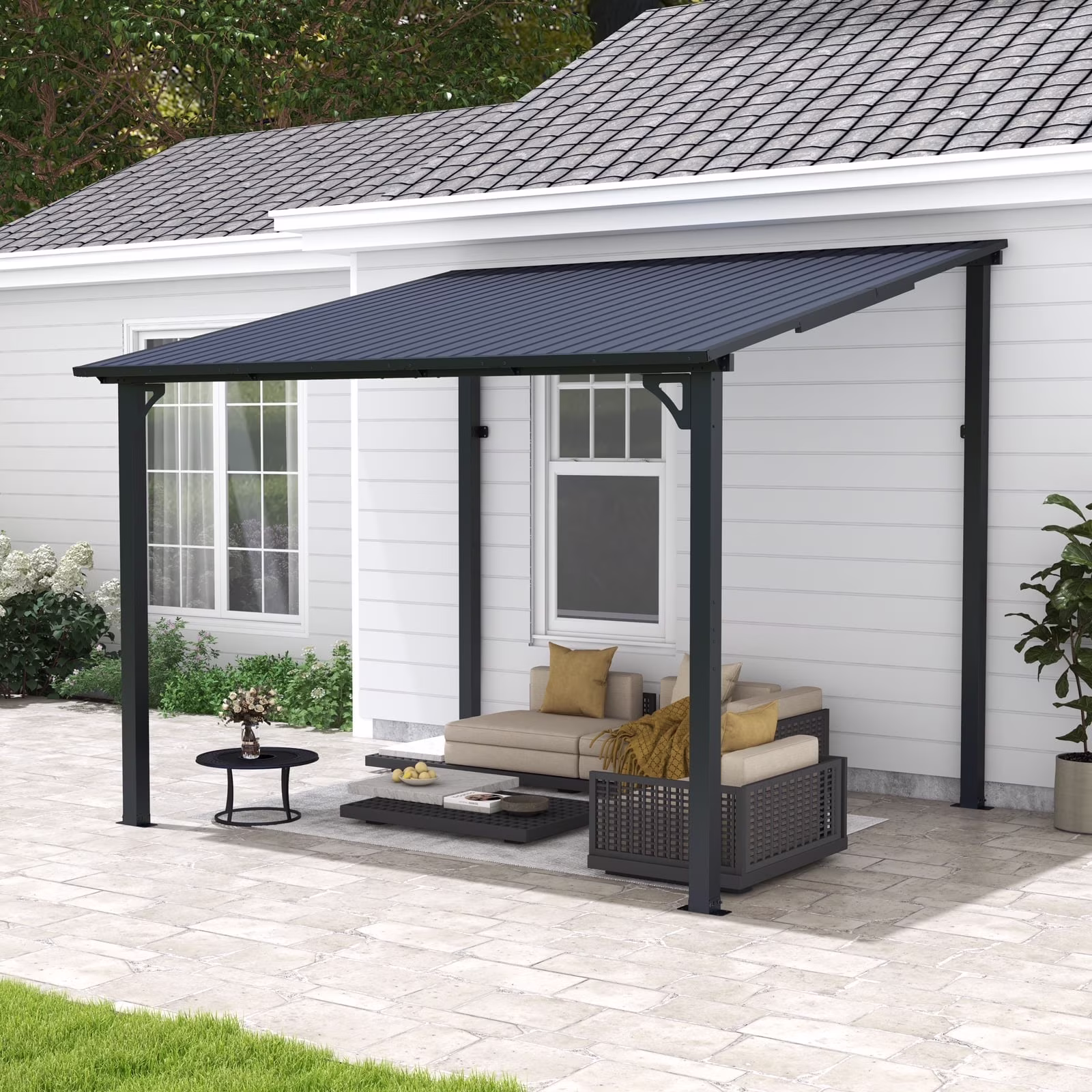 8' x 10' Outdoor Pergola Gazebo, Lean to Awnings Gazebos, Heavy Duty Hard Top Metal Pergola with Roof, for Patio, Backyard, Decks, Poolside(10' x 10')