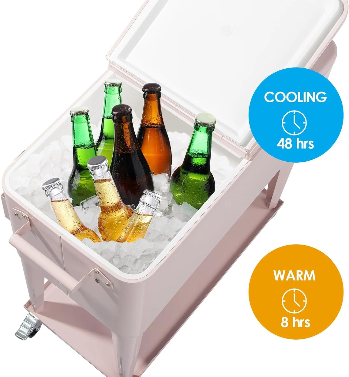 80 Quart Rolling Ice Chest, Portable Bar Drink Cooler with Catch Basin, Bottom Storage Tray and Bottle Opener for Patio Party BBQ Beach Activities - Image 4