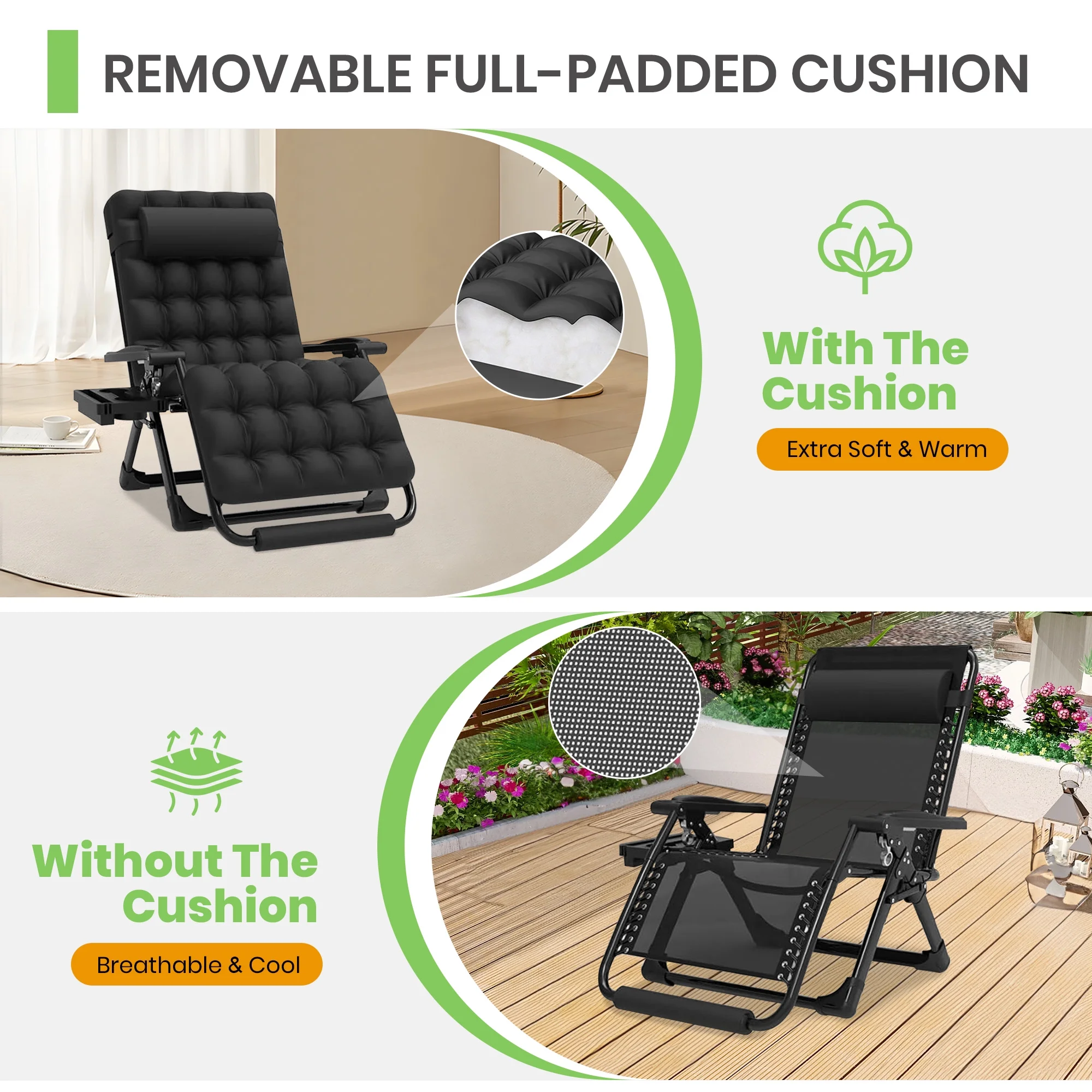 GVDV Oversized Zero Gravity Chair, 33In XXL Lounge Chair with Removable Thick Cushion, Lawn Patio Reclining Chair Upgraded Alloy Lock and Cup Holder, for Indoor Outdoor, Black - Image 6
