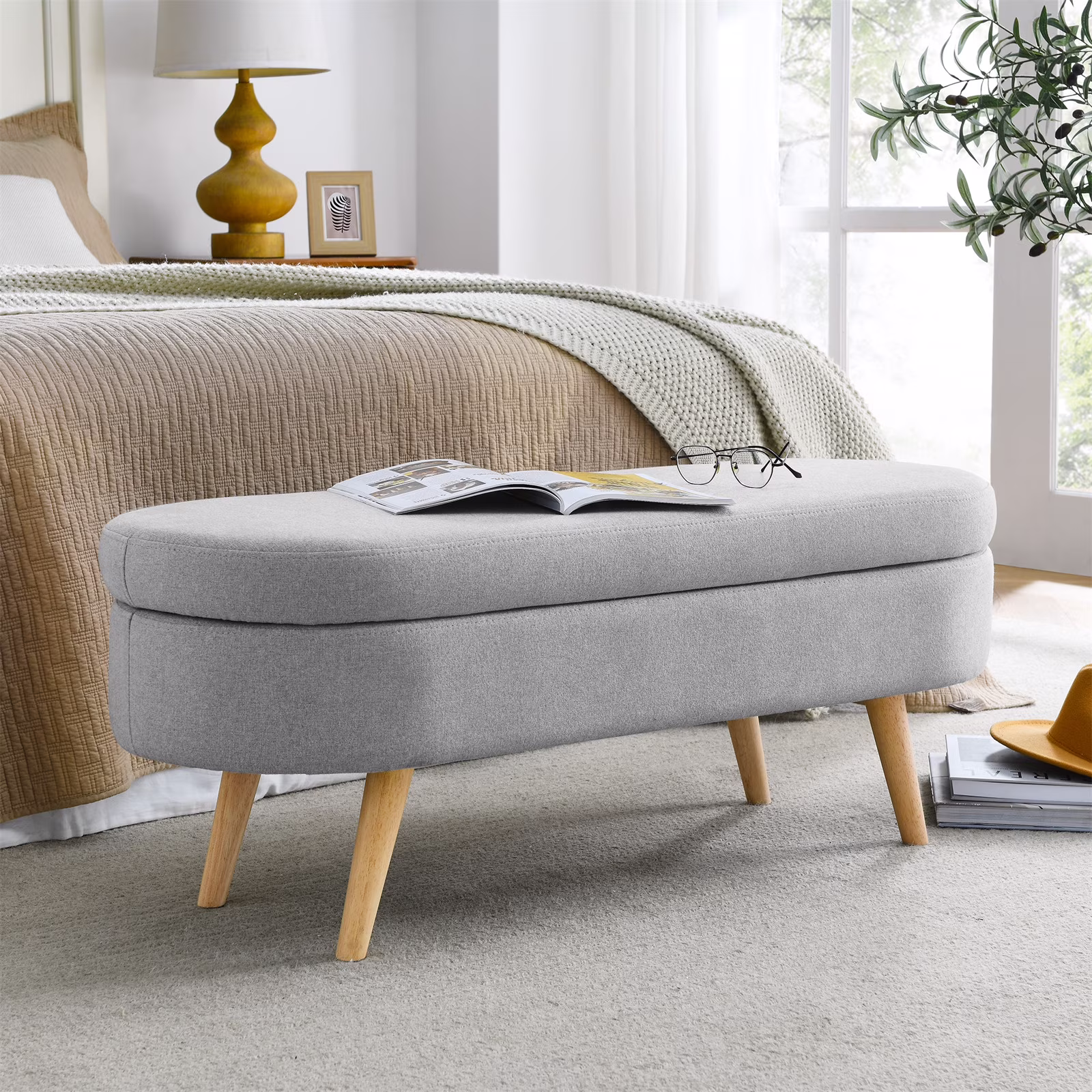 43.5" Oval Storage Ottoman Bench with Solid Wood Legs, Linen Fabric Upholstered Entryway Bench with Safety Hinge, Indoor Bench for End of Bed, Sofa Side, Entryway - Image 5