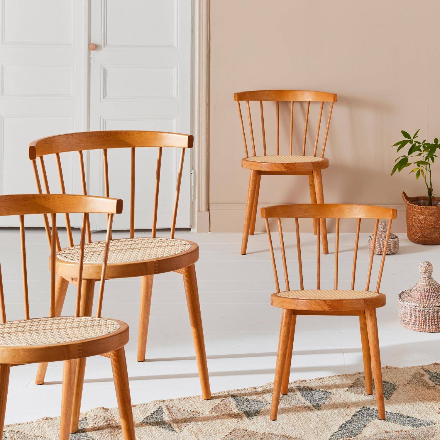 Nora - Silla de madera y caña, set de 4