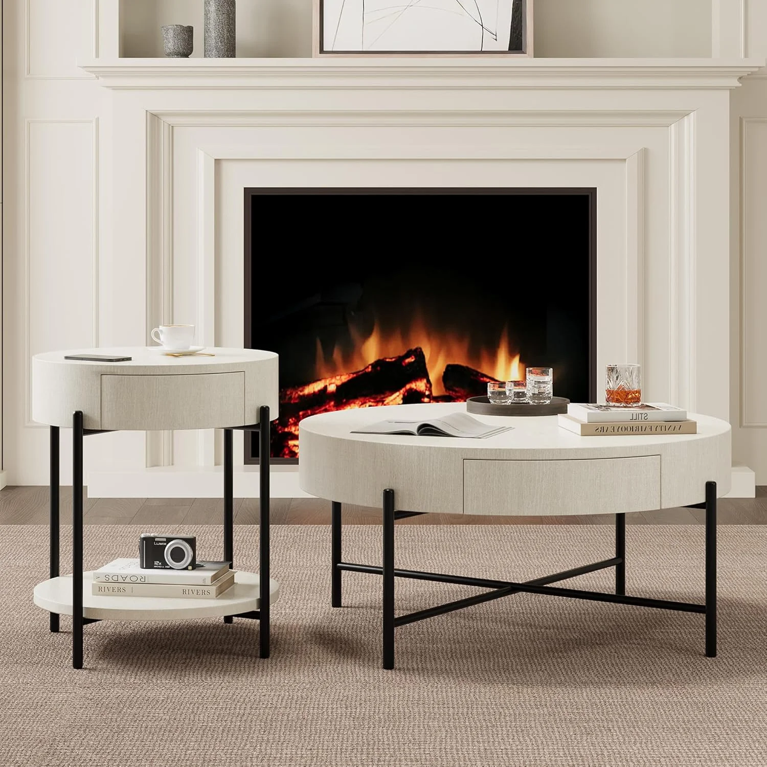 Round Coffee Table with Drawers Circle Living Room Table Wood Accent Coffee Table with Storage White Center Table (Natural) - Image 7