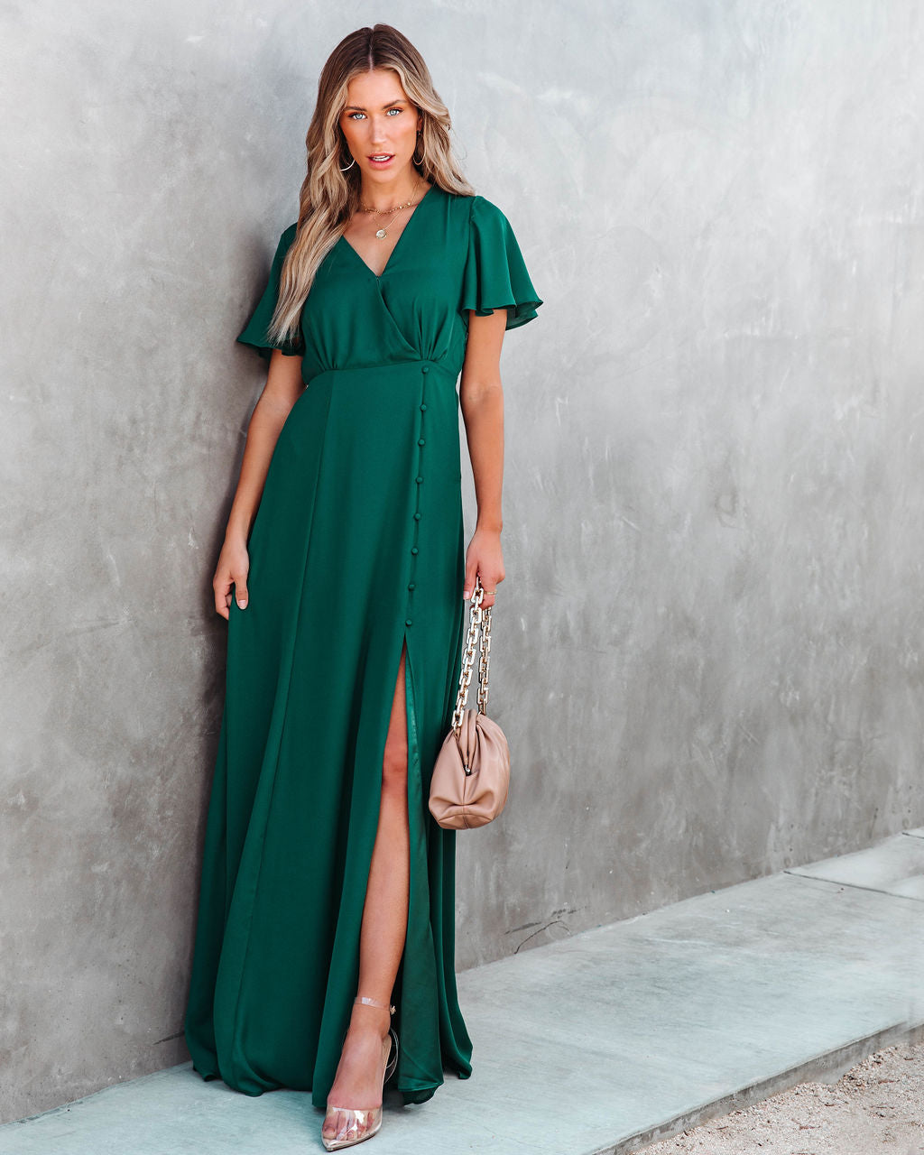 Last Forever Flutter Sleeve Maxi Dress - Hunter Green - Se7enfashion