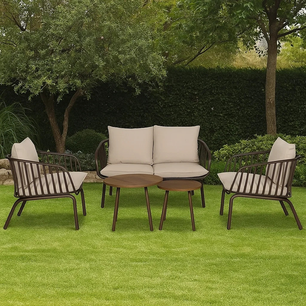 Conjunto de jardín con 2 sillones, 1 sofá de 2 plazas y 2 mesas,Marrón y cojines beige - mjNdjCg218uY