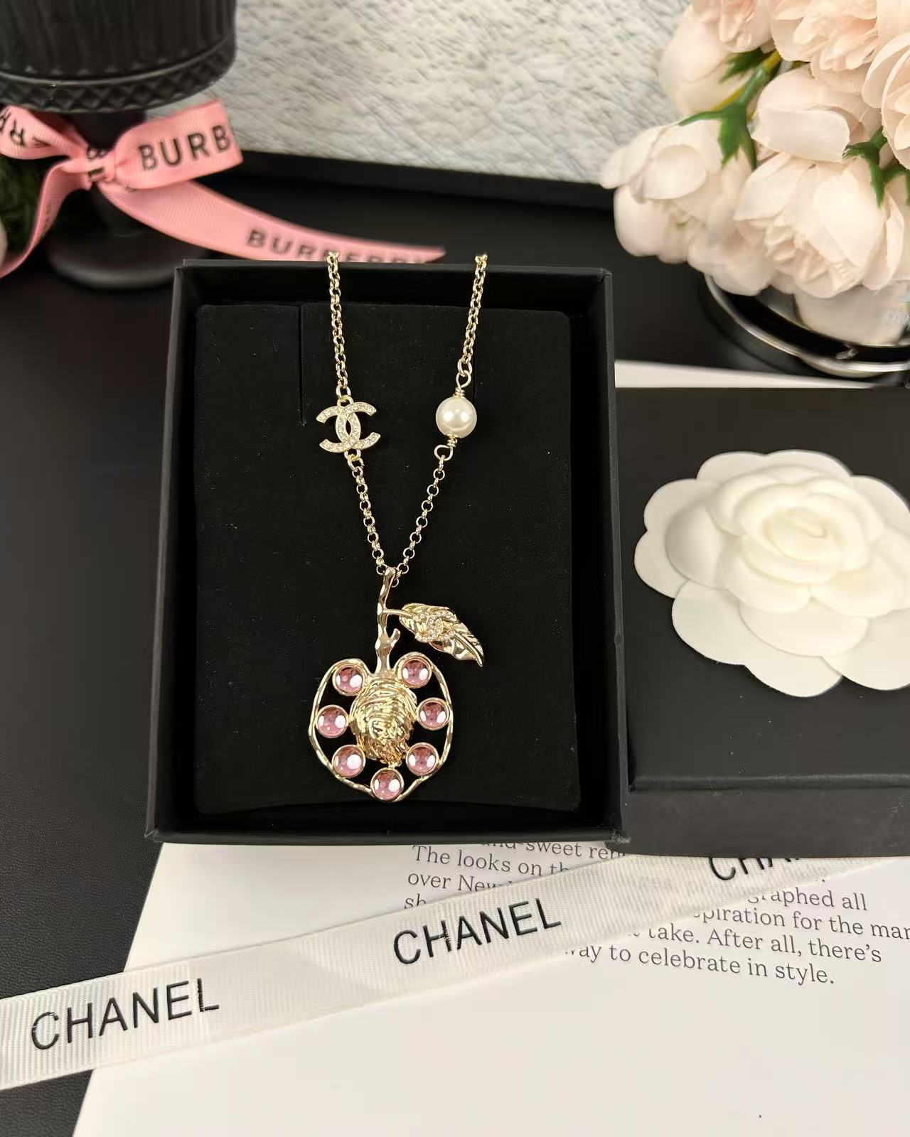Chanel Pink Rhinestone Peach Pendant Necklace - Original Replica Club